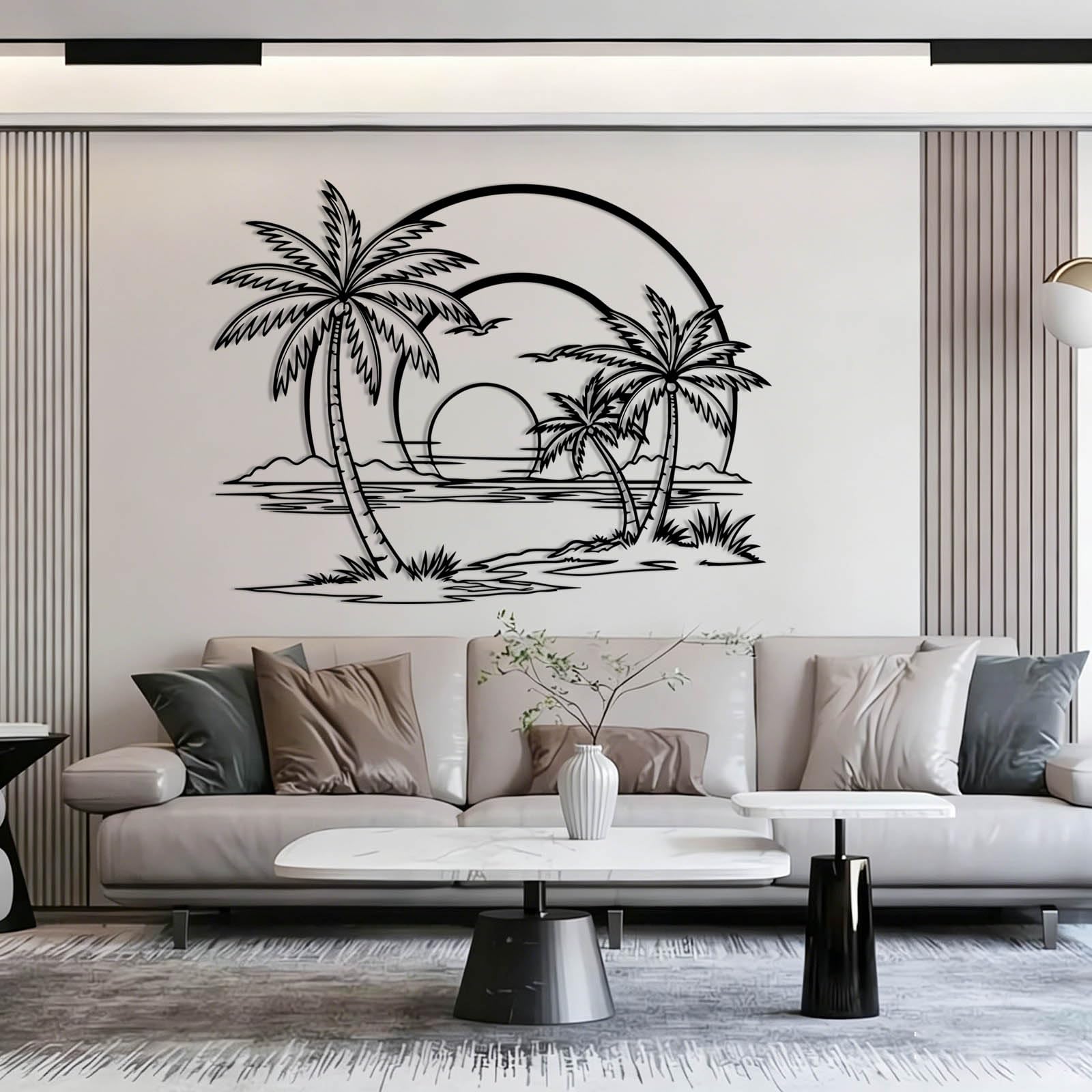 Schwarze Möwen aus Metall bei Sonnenuntergang, Tropische Palmen aus Metall bei Sonnenaufgang, minimalistische Palmen-Dekoration, Moderne Skulptur für Wohnzimmer, Schlafzimmer, Flur und Trepp