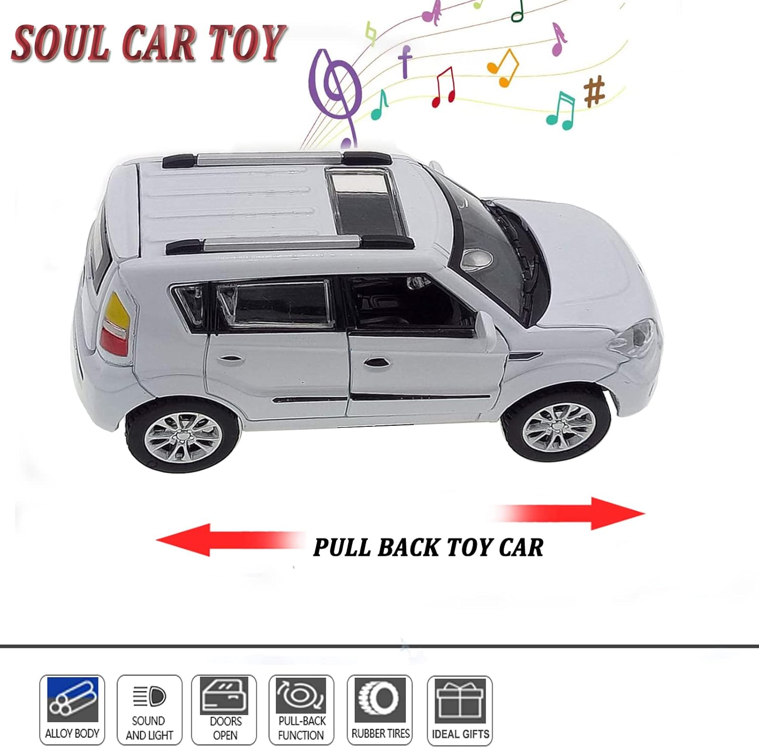 Toy Cars Diecast Car Models Soul Hatchback Model Cars,Pull Back Cars,Boxy Car Toy with Sound and Light for 3+ Year Old Boys(White)