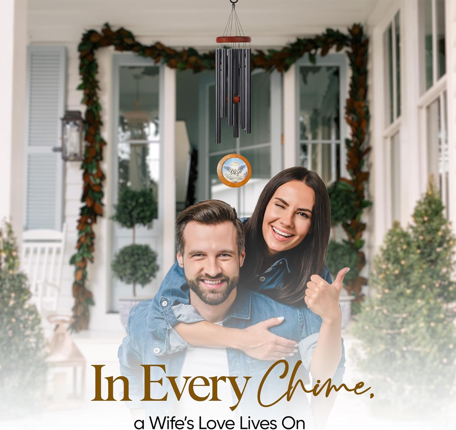 Personalized Memorial Wind Chimes with Custom Photo Pendant & Letter from Heaven | Sympathy Gift for Loss of Loved One, 32-Inch Outdoor Chime for Remembrance (Wife)