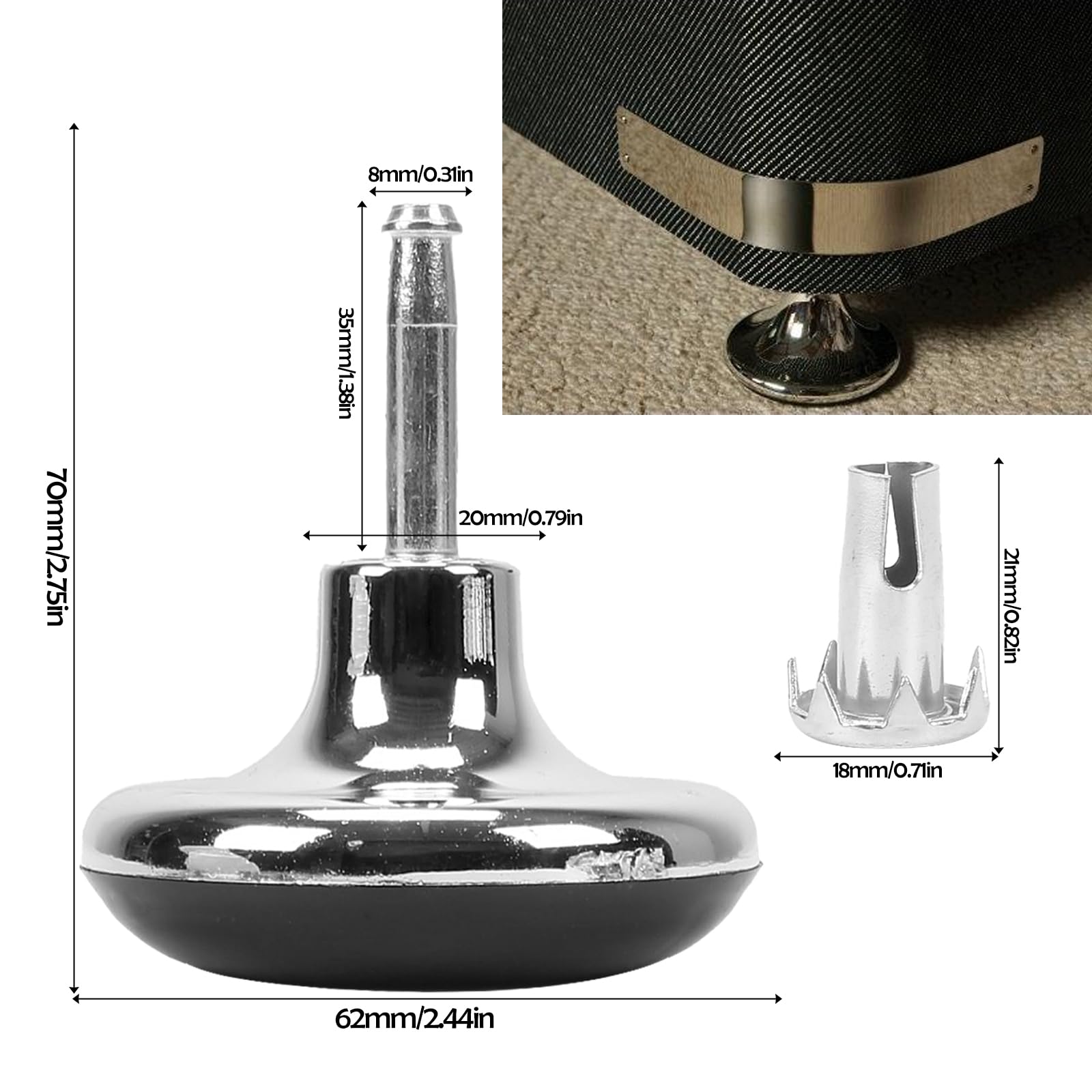 Minnhua 12 Pcs Furniture Legs Bed Castors Gliders with Metal Inserts for Beds Sofas Footstools Replacement for Castors Furniture Bed Chrome Feet Leg Glides Castors and Insert Fitting - Image 2