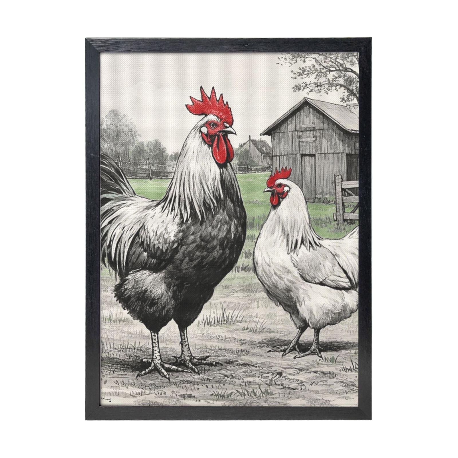 Framed Wall Art - Decorative Canvas Painting Rooster and hen sketch farm Pictures Poster Aesthetic Modern Prints Artwork for Bedroom Office Wall Decor Ready To Hang 12x16 in
