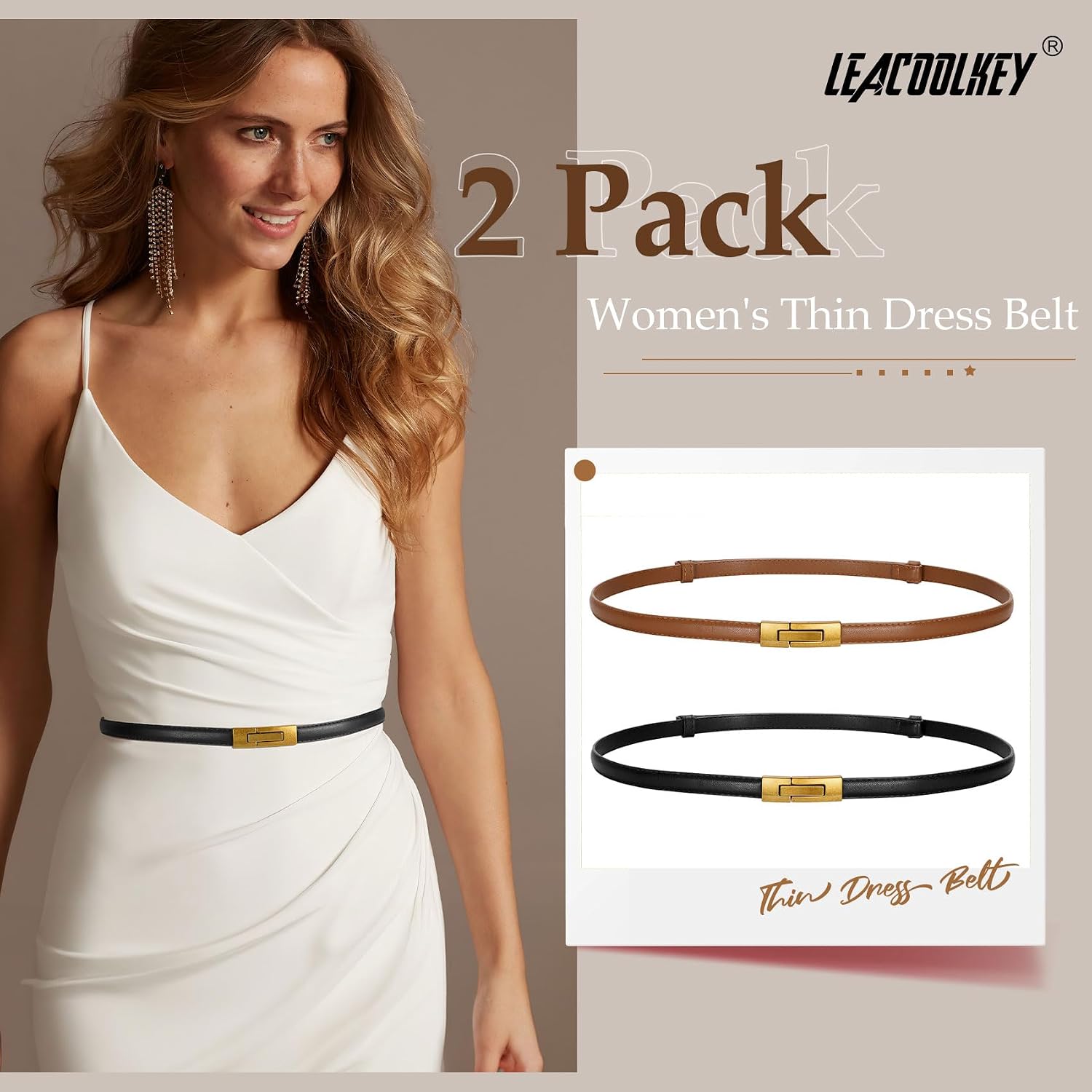 LEACOOLKEY 2 Pack Women Skinny Leather Belts Ladies Vintage Gold Buckle Thin Waist Belts for Dresses Black+Brown