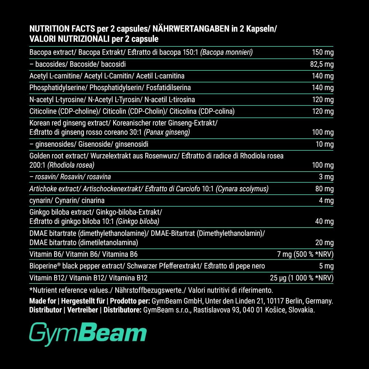 GymBeam FueBrain Nootropic - complesso con Ginkgo Biloba per sostenere le prestazioni mentali e la concentrazione, migliorare la memoria e le funzioni cognitive