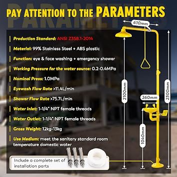 CGOLDENWALL Emergency Shower Eye Wash Station Safty Shower Combination Eye Wash Station with Shower, NPT Thread, with Emergency Sign, 304 Stainless Steel+Yellow Coating