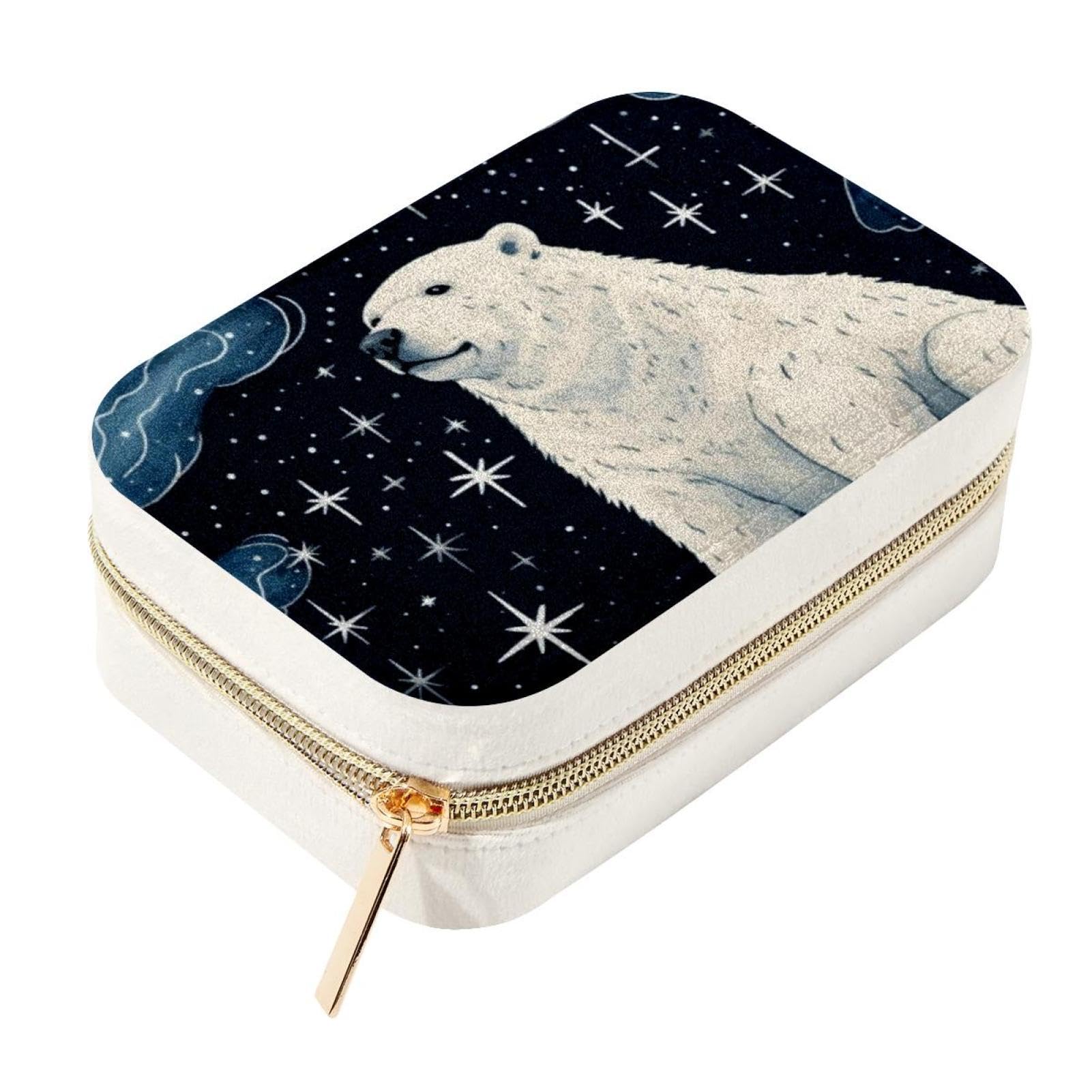 Boîte à bijoux de voyage ours polaire et ciel étoilé mini organiseur portable zippé pour bague