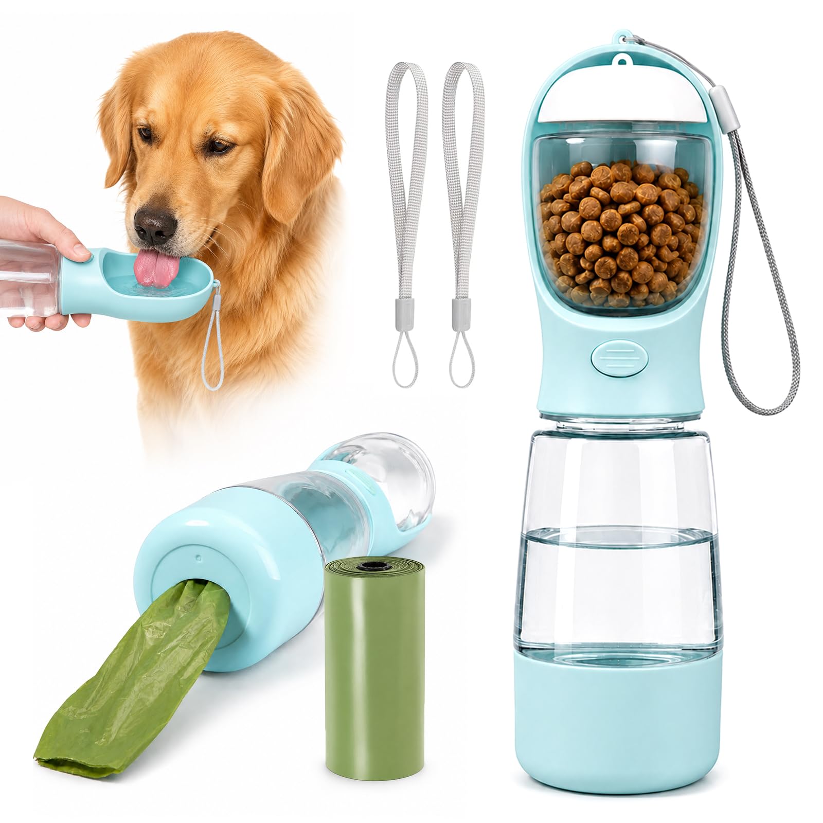 4-in-1 Hundetrinkflasche für Unterwegs – Auslaufsicheres Design mit Integriertem Napf, Futterfach & Kotbeutelhalter für Spaziergänge – Geeignet für Kleine bis Mittelgroße Hunde & Katzen