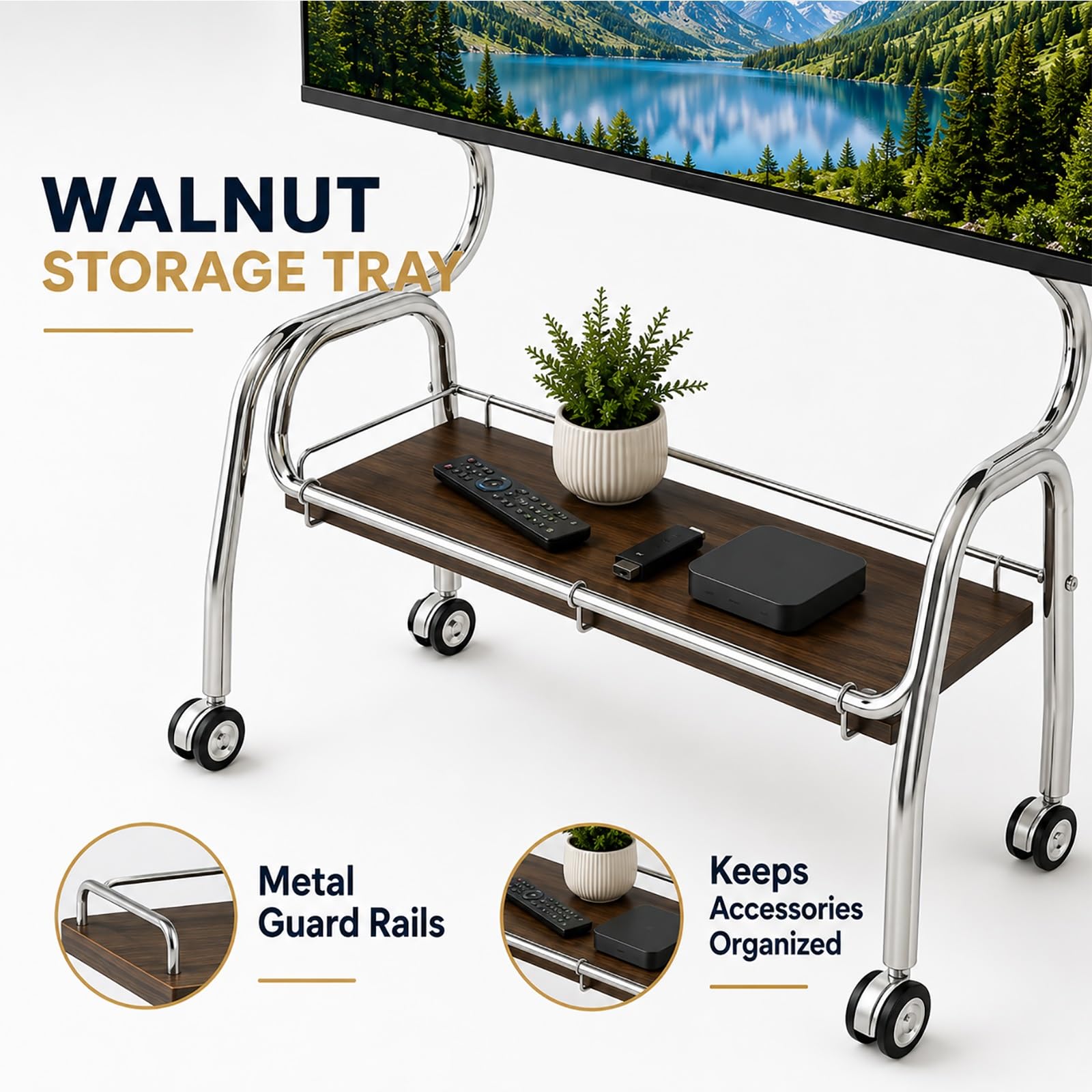 Carrello TV Mobile Portatile, Supporto TV con Ruote | Acciaio Inossidabile, Ruote con Blocco e Mensola Portaoggetti per TV da 32–75 Pollici(White,120cm/47in)