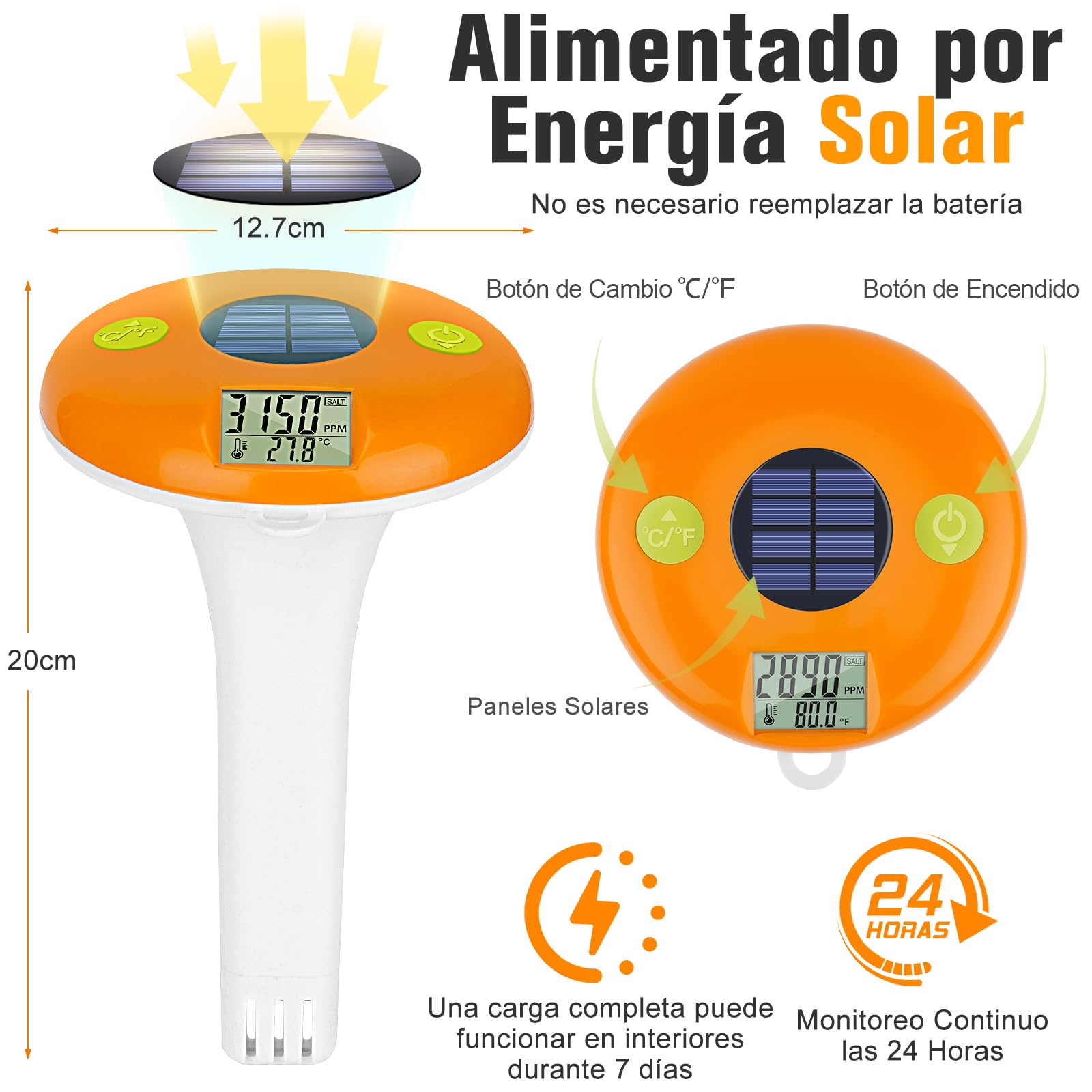 UIUZMAR Medidor de Sal Solar y Termómetro Flotante para Piscinas, Comprobador Digital de Salinidad y Temperatura para Agua Salada, Jacuzzis, Spas y Estanques