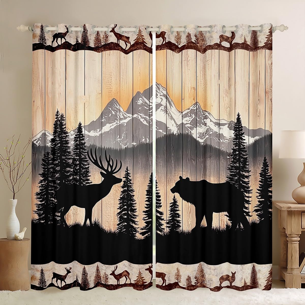 Rustic Hunting Deer Window Curtains Teens Adult Women,Cartoon Curtain for Bedroom,Woodland Cabin Draperies for Living Room,Farmhouse Country Window Treatment Drapes Set of 2 Panels,42Wx90L