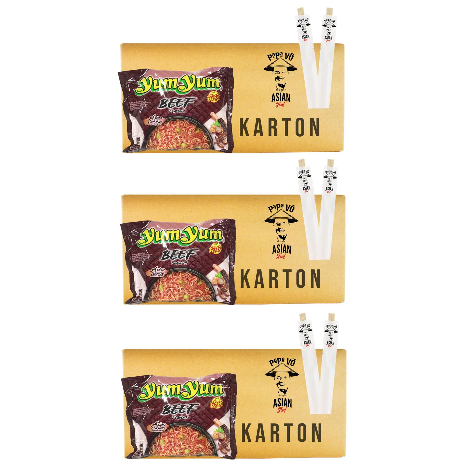 90er Pack (90x60g) Yum Yum Instantnudel Rindgeschmack + 2 Papa Vo Esstäbchen