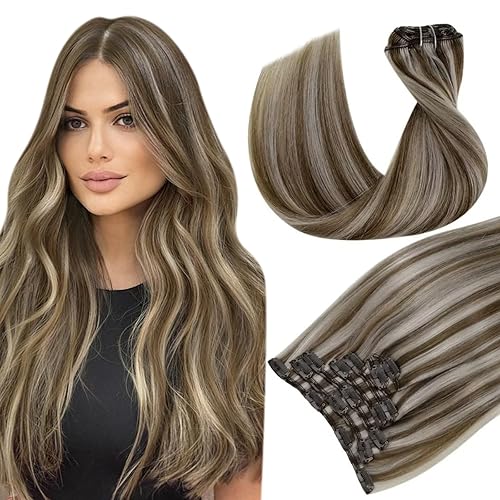 Miniatura 1 de Hetto Extensiones de cabello humano con clip, de 18 pulgadas, sin costuras, color marrón claro, rubio decolorado, extensiones de cabello humano