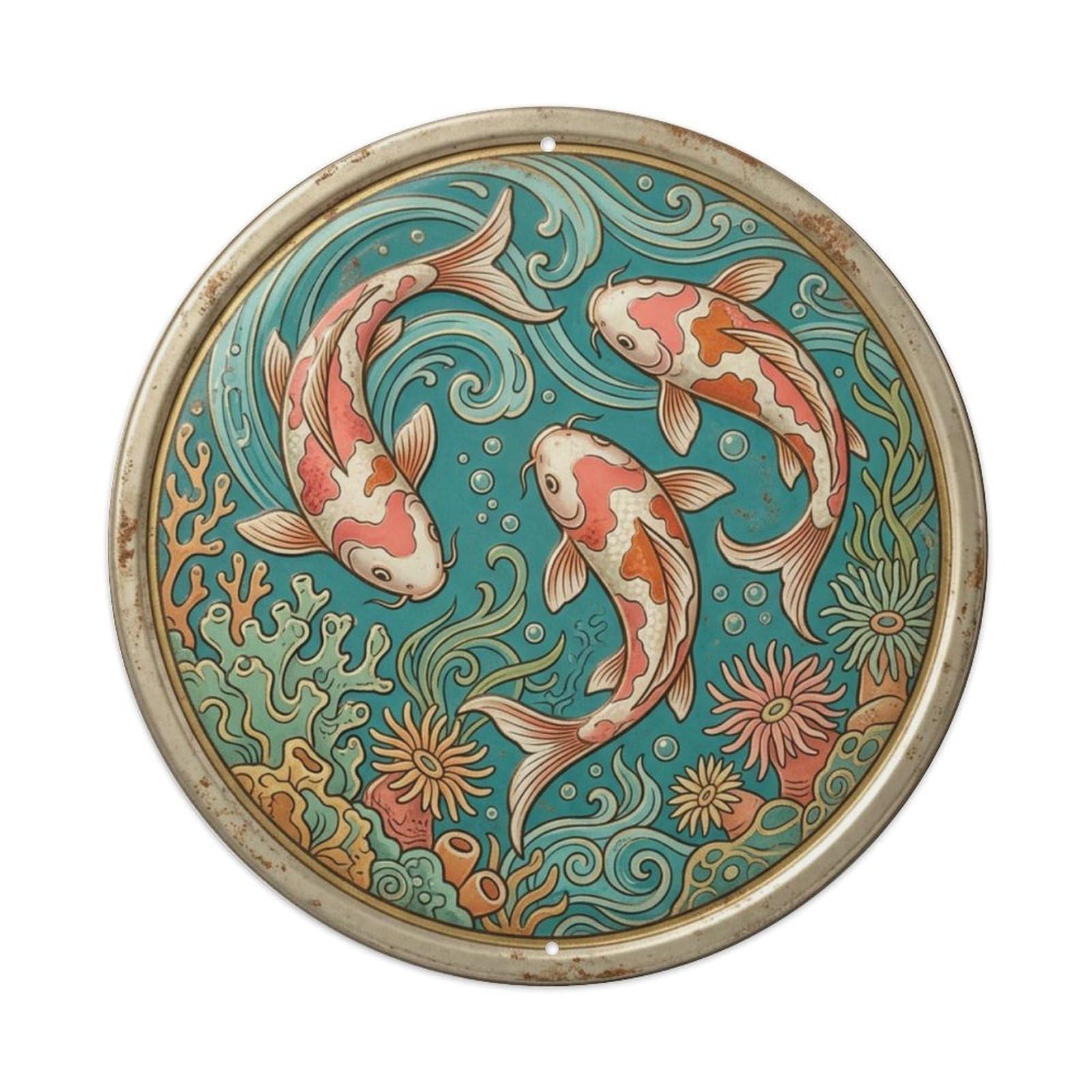 Coral Reef Depths Koi Fish Metal Tin Sign Plaque Wall Decor for Cafe, Club Bar, Office, Home Garden Round Metal Poster 8x8Inch