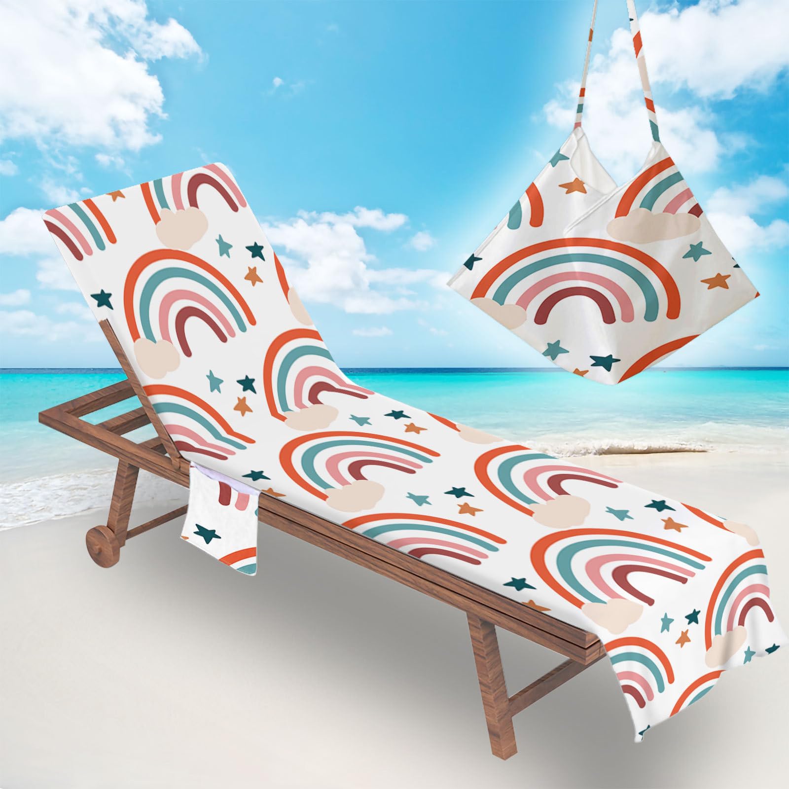 RRrawgff Sun Lounger Beach Towel with Pockets, Rainbow Pattern Beach Lounger Towel Beach Chair Cover Towel Fitted Microfiber Sunbed Towel Sun Lounger Towels for Summer Vacation (Rainbow 1)