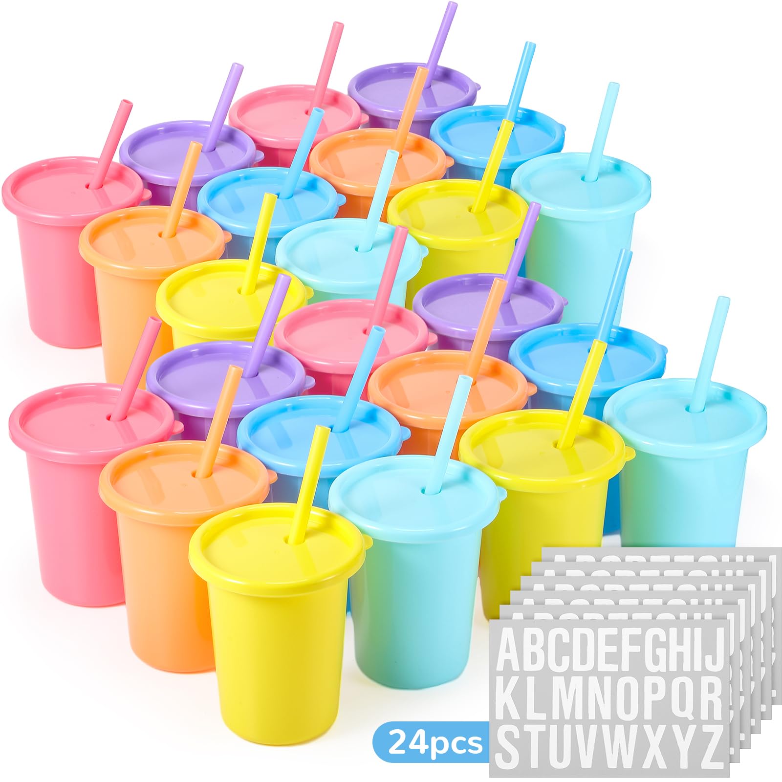 Nuanchu 24 Stück Becher mit Deckel und Strohhalmen, wiederverwendbare Becher mit Selbstaufklebern, Kunststoff-Wasserflasche, Eiskaffee, Reisebecher, Erwachsene, Kunststoff für Party, Macaron-Farben