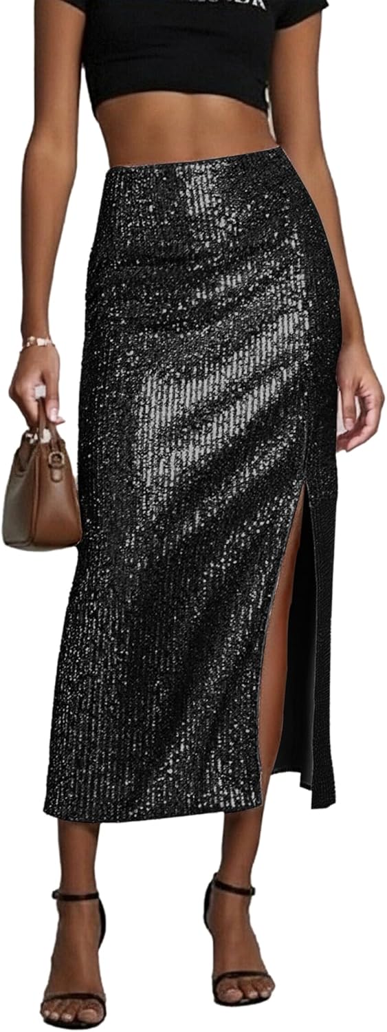Women’s Sequin Skirt Sparkly Sequence Skirt High Waist Slit Glitter Bodycon Midi Cocktail Party Skirt