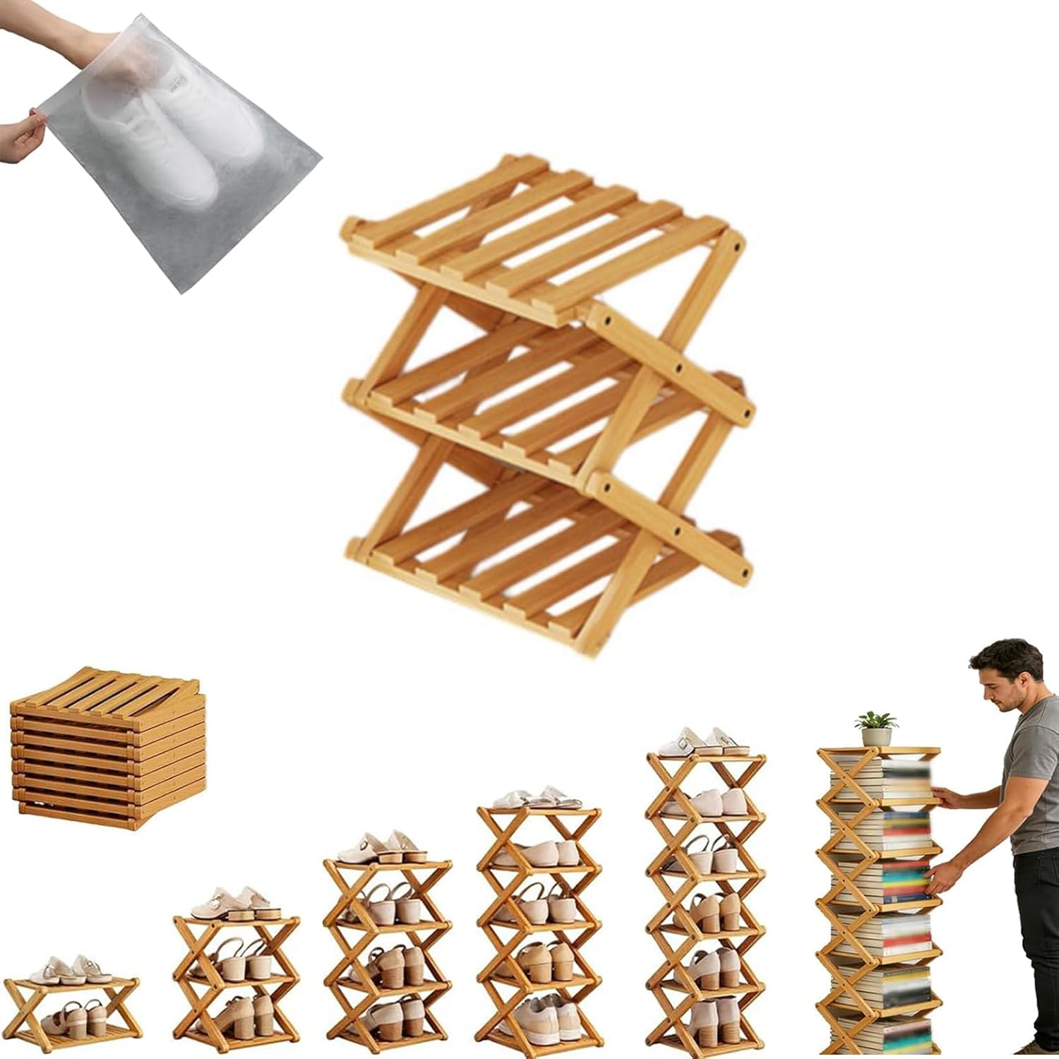2/3/4/5/6/ Tier Foldable Shoe Rack Wood Freestanding Narrow Shoe Storage Shelf No Assembly Shoes Organizer for Corner Bedroom Closet