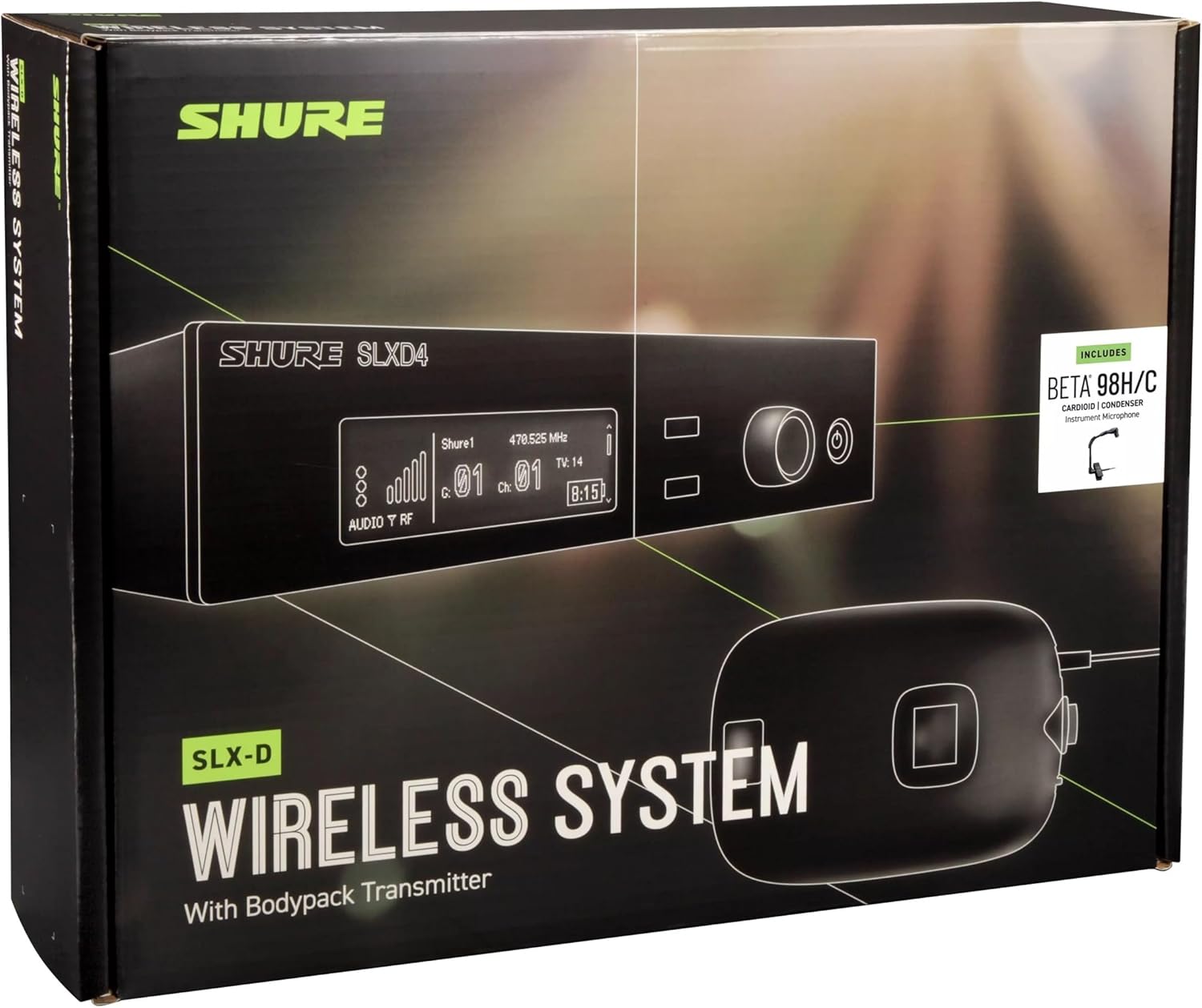 Shure SLXD14/98H Digital Wireless Microphone System - Includes SLXD1 Bodypack Transmitter with Beta 98H/C Clip-on Gooseneck Mic & SLXD4 Single Channel Rack Mount Receiver | J52 Band (SLXD14/98H-J52)