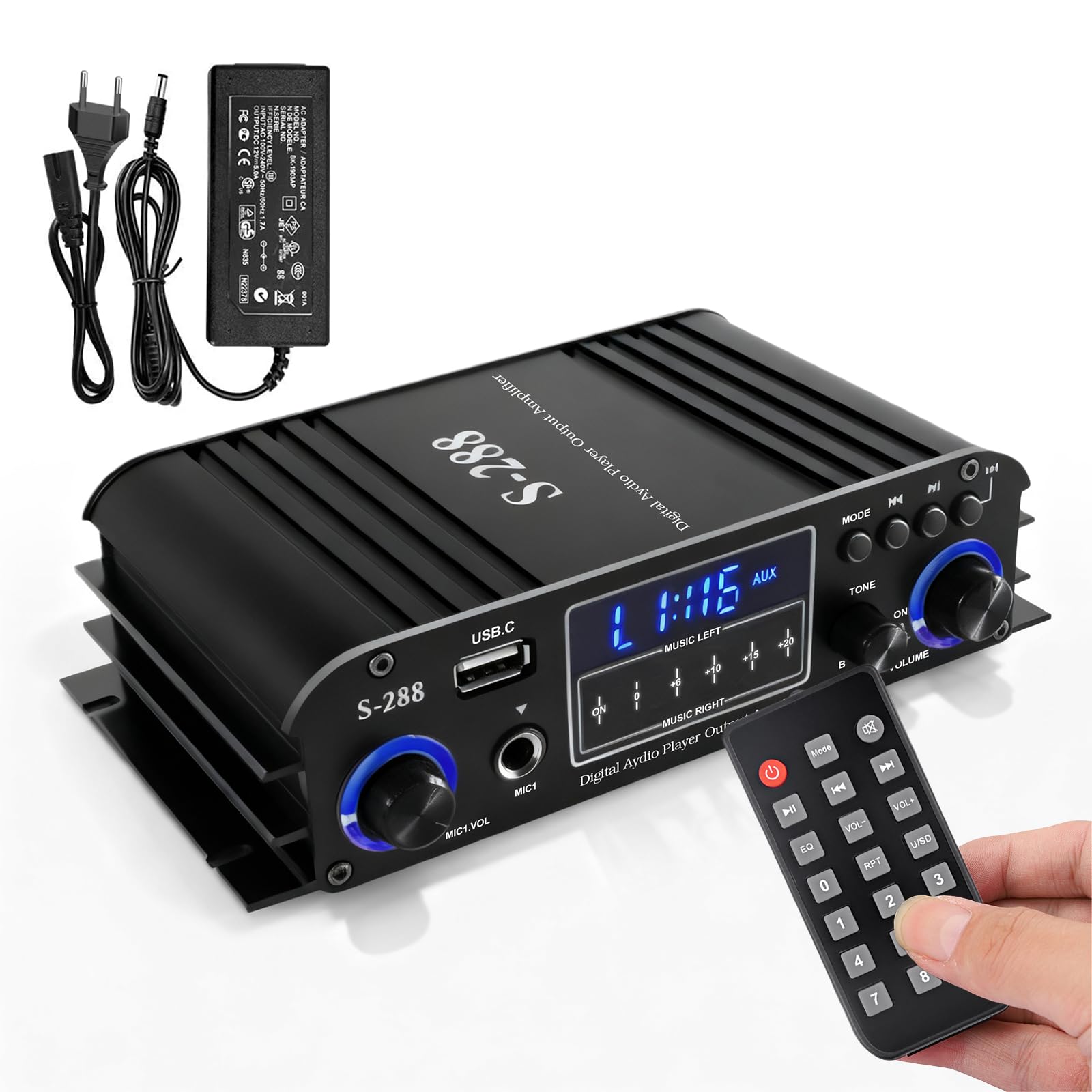Amplificatore a 4 canali, amplificatore di potenza audio 1200 W, Bluetooth 5.0, 30 Wx4 con USB/Microfono/FM con telecomando, amplificatore Hi-Fi integrato per la casa o la tua auto