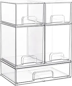 Vtopmart Stackable Storage Drawers Set of 5, Clear Plastic Organizer Bins for Beauty Supplies,Ideal for Vanity, Bathroom,Cabinet,Pantry Organization