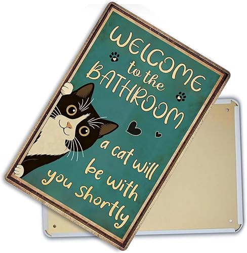 Miniatura 3 de Divertidos letreros de metal para decoración de baño de gato, letrero de bienvenida al baño, letrero de gato con texto en inglés "A Cat Will Be With