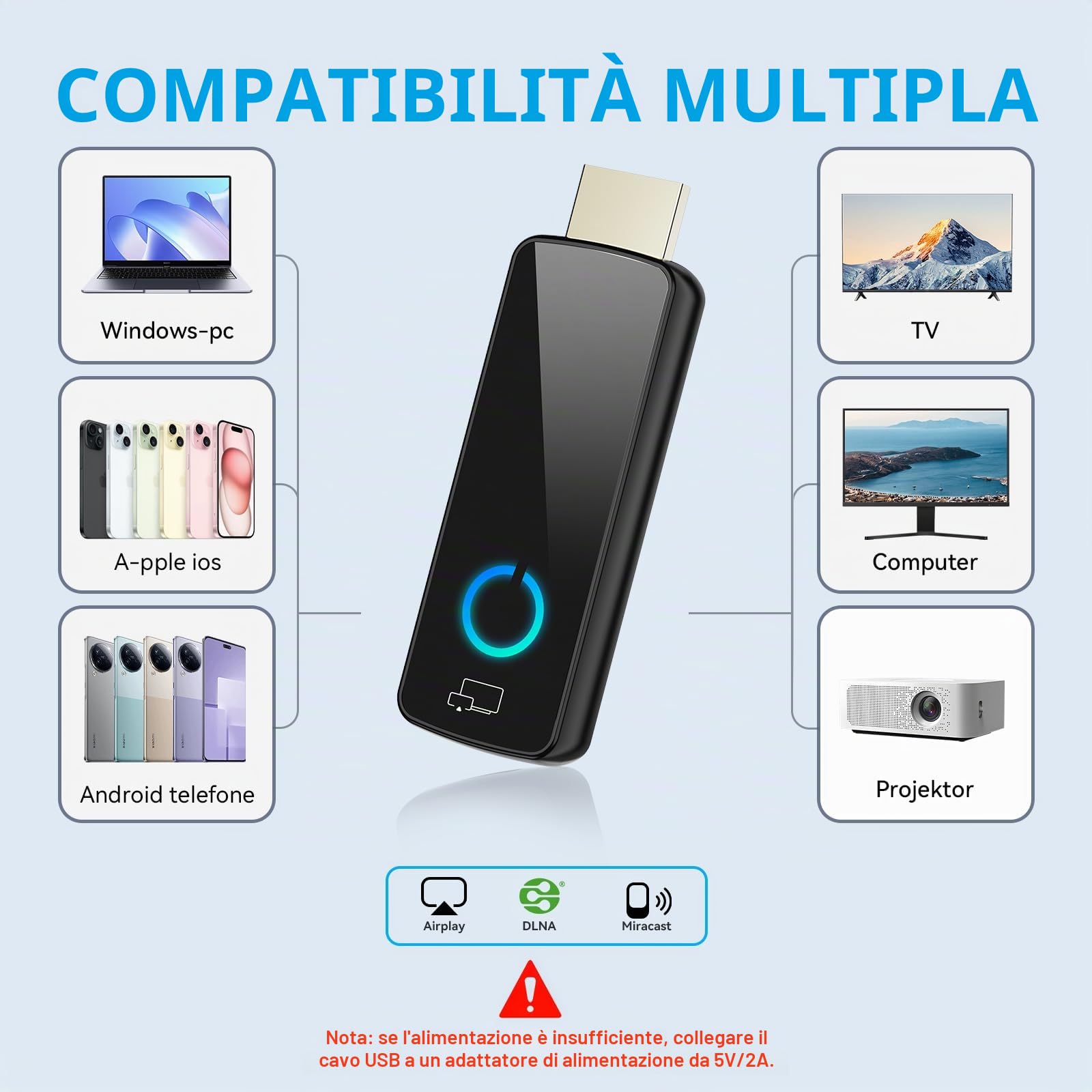 Adattatore HDMI Wireless,Dongle Miracast/Airplay/Screen Mirroring per TV/Proiettore da iOS/Android/Windows – Trasmettitore WiFi HDMI Portatile (W3401)