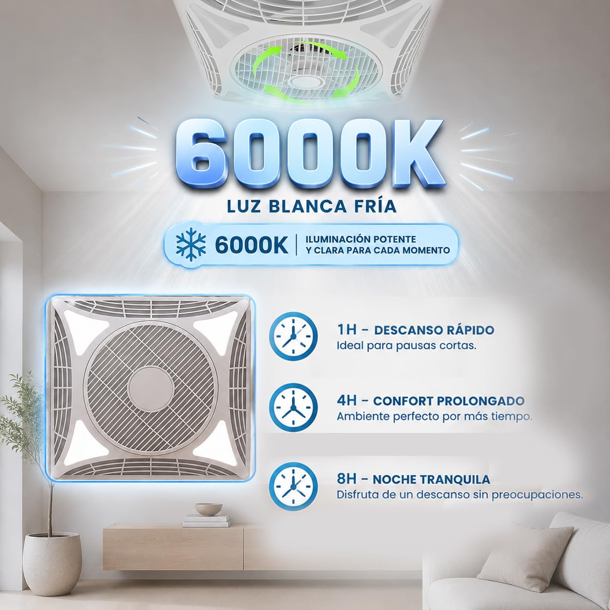 IluminaShop - Ventilador de Techo LED Strong, 6000K,Control Remoto, Motor DC + Luz 68W, Silencioso, 3Velocidades, Rejilla Rotativa, Recirculación de Aire,Ideal Oficinas, locales comerciales