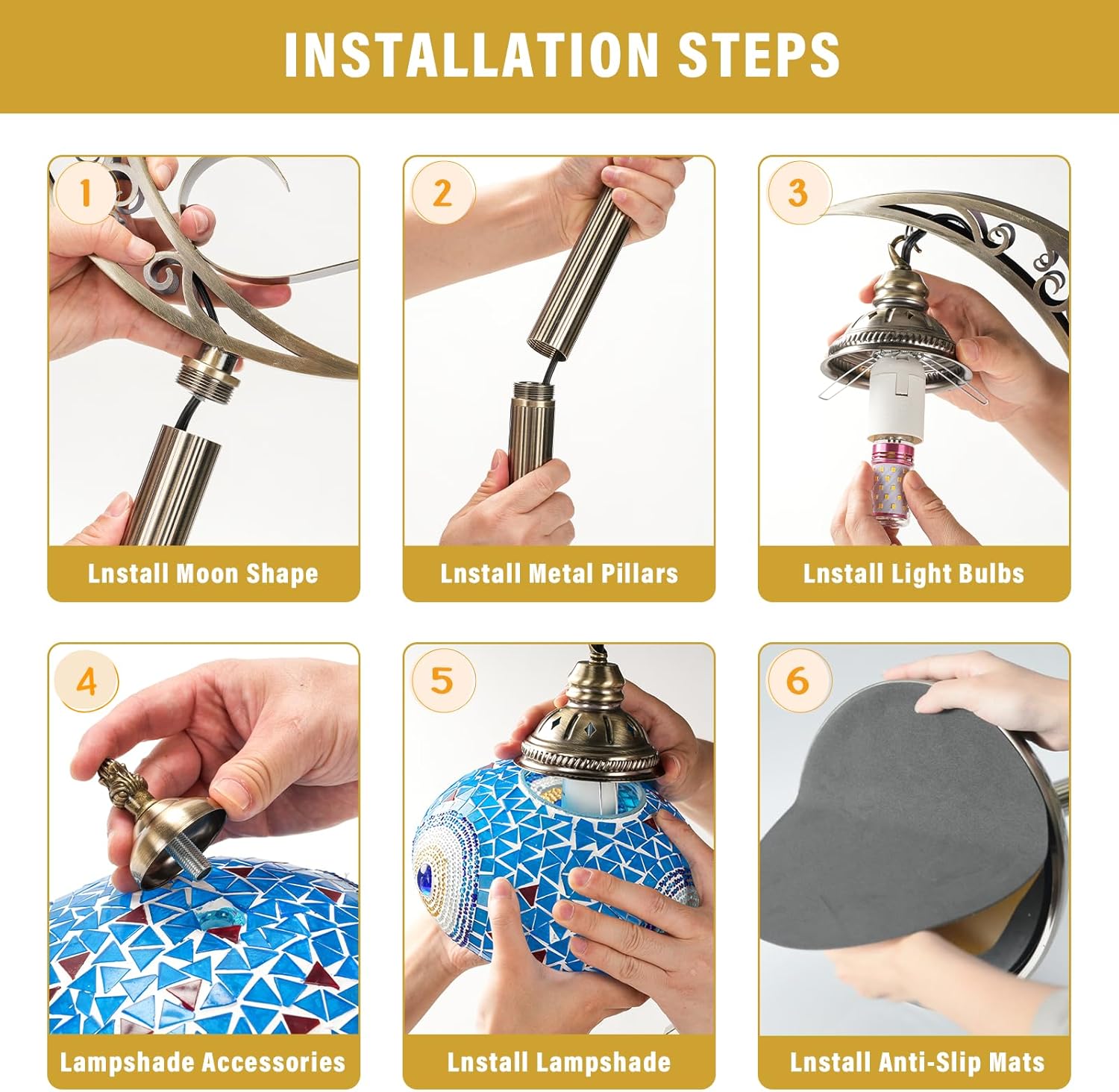 Crescent Moon Floor Lamp with Stained Glass - 60 Inch Handmade Turkish Boho Lamp for Bedroom or Living Room, Includes Light Bulb (YUELFL-001)