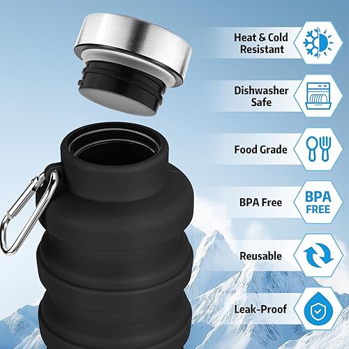 Miniatura 5 de Botella de agua plegable, capacidad de 16 onzas, portátil, reutilizable, de silicona, a prueba de fugas, con hebilla, almacenamiento plegable,