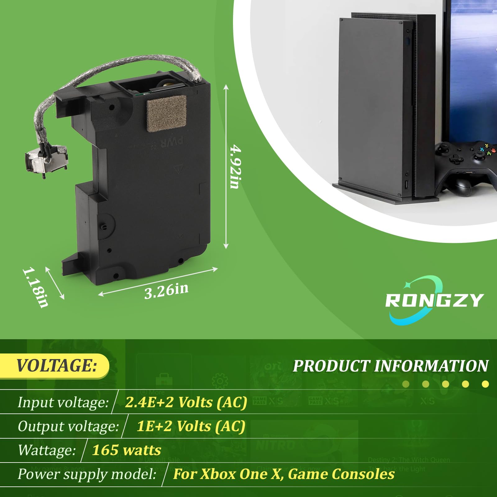 RongZy Für Xbox One X Netzteil Ersatz für One X Interne Netzteil Stromquelle mit AC-Adapter Konsolenzubehör mit Reparaturwerkzeuge