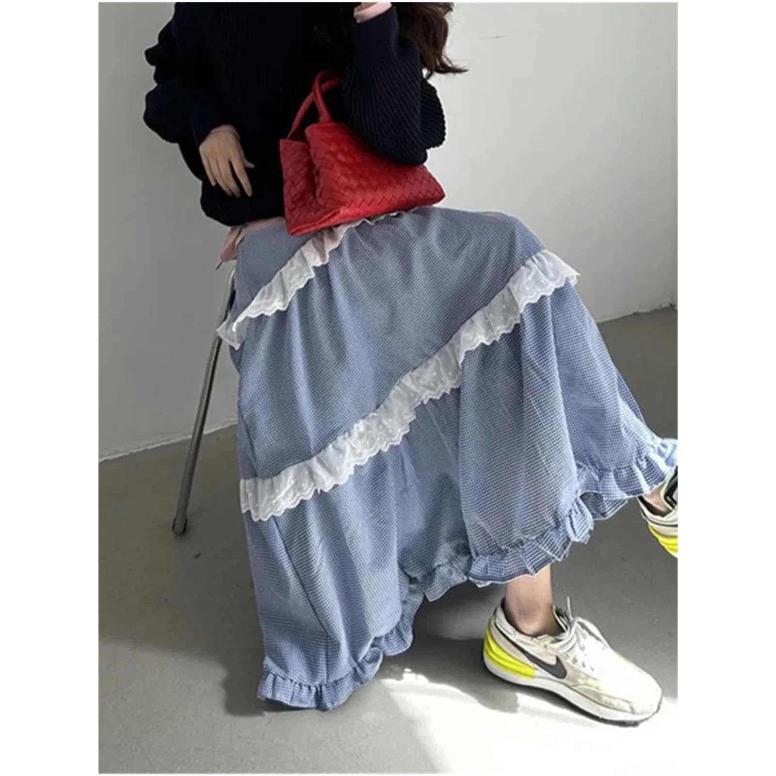 Gonna Scherma Lunghe con Stampa A Quadri Primaverili Donne in Pizzo Patchwork con Rantoli Pieghe per Signore Sfilate Gonne da Donna Sciolta