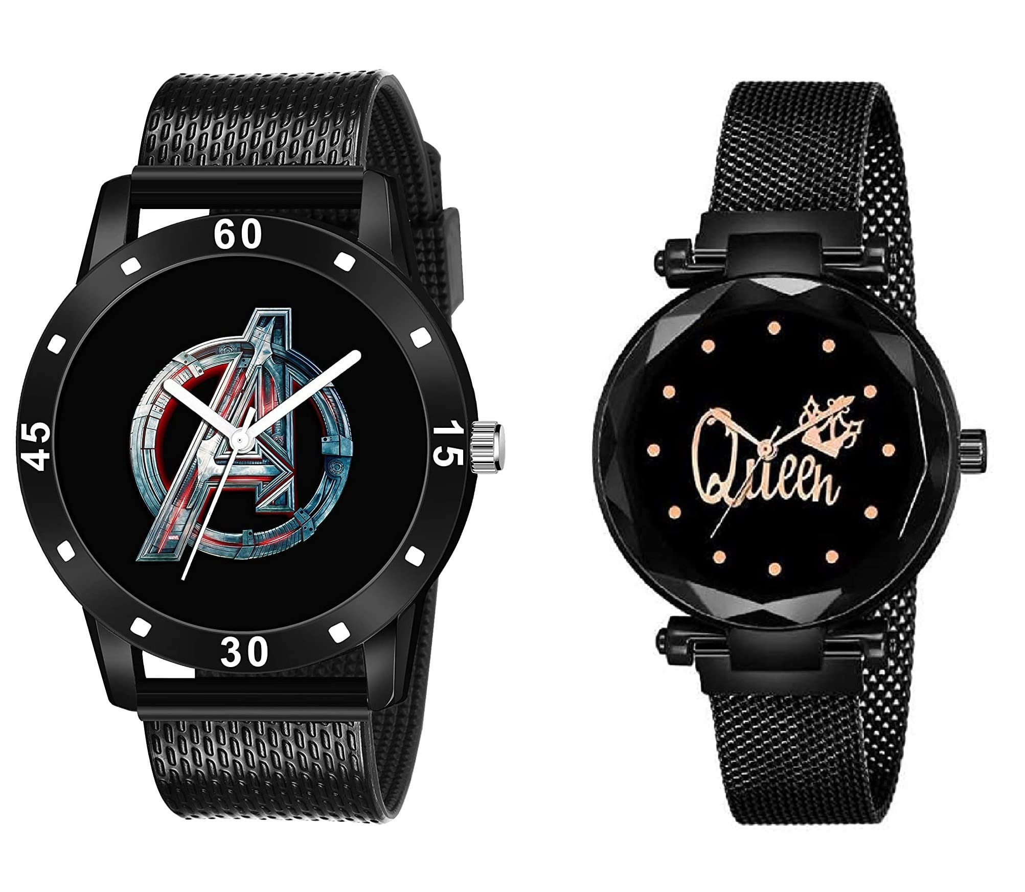 KIARVI GALLERY Analogue Black Avenger Print Dial PU Strap and Queen Dial Magnetic Strap Mens and Womens Watches (Combo Pack of 2, Black) (B09QSQTY7W) Amazon Price History, Amazon Price Tracker