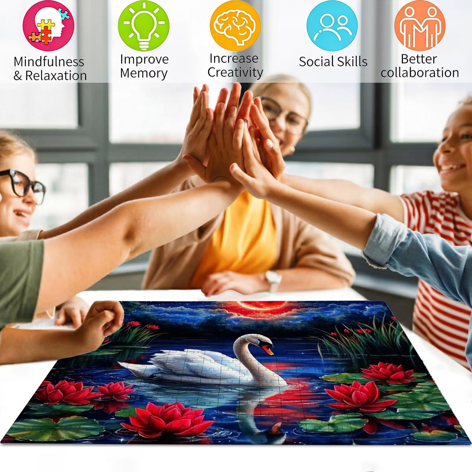 Puzzle z zachodem słońca, 1500 elementów, trudne puzzle, drewniane puzzle dla całej rodziny, zestaw "zrób to sam", dla dorosłych, nadają się jako dekoracja ścienna i prezenty, temat: łabędź 8p-500