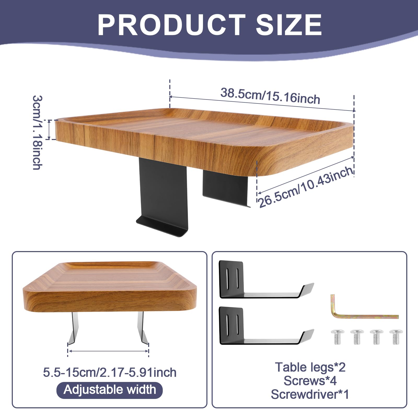 Mesa ajustable para reposabrazos de sofá, 5,5-15 cm de ancho, mesa auxiliar multifuncional de madera, organizador de reposabrazos para bebidas y aperitivos, esencial para la sala de estar