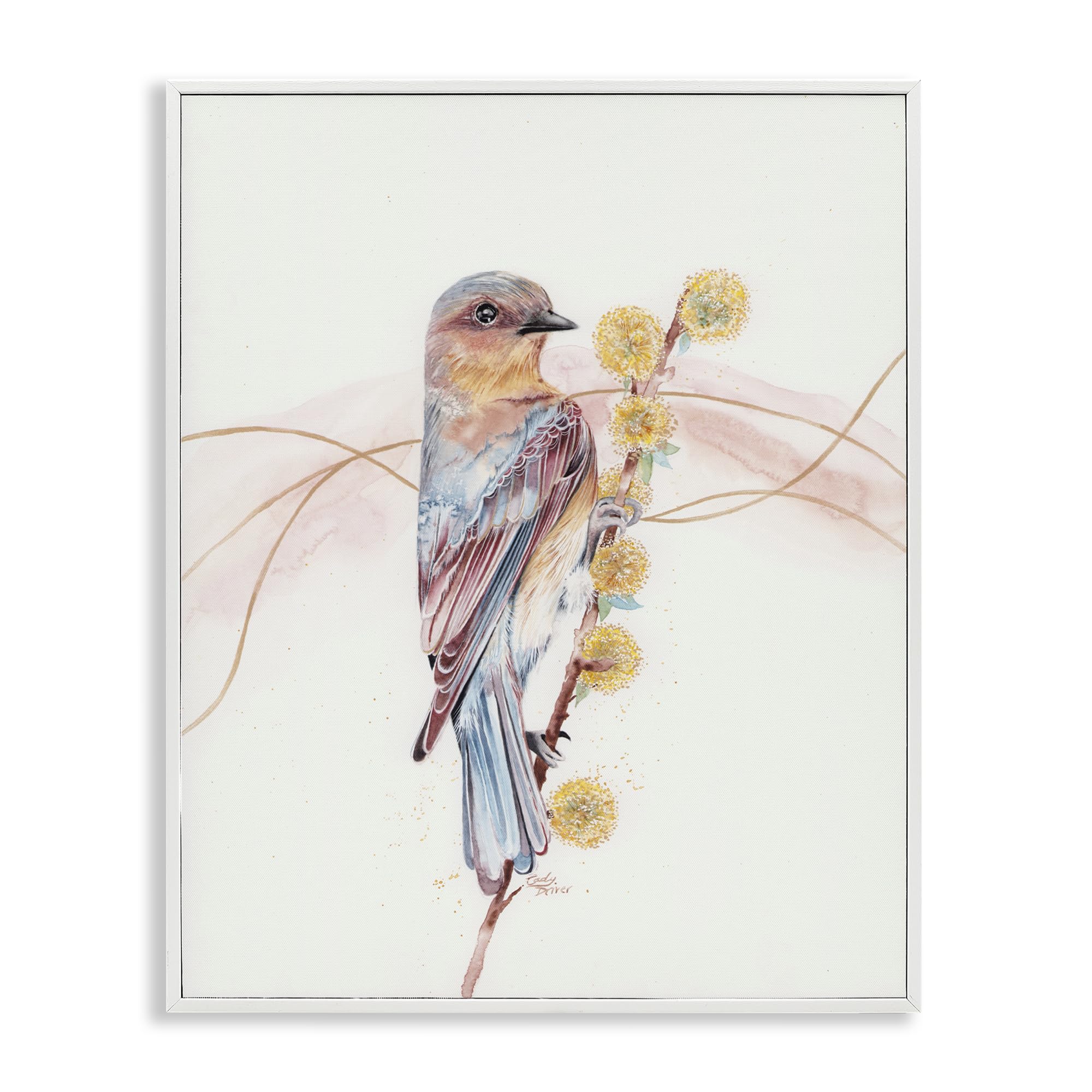 Tableau oiseaux et fleurs jaunes Stupell Industries cadre blanc 50x40 cm