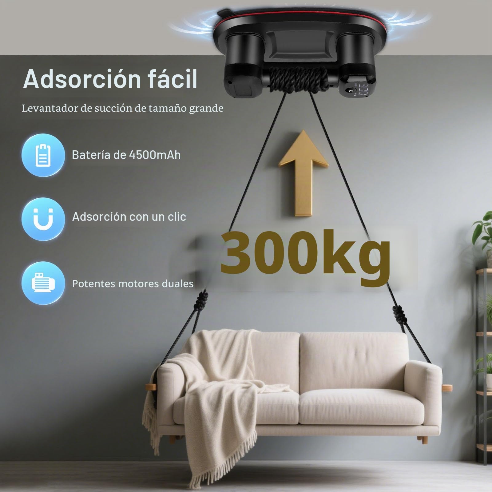 Ventosas para Azulejos, Ventosa Eléctrica Recargable con Pantalla Digital, 2 Motores 4500 mAh, 300 kg Potencia de Succión, Copa de Succión del Parabrisas para Superficies ásperas (Negro)