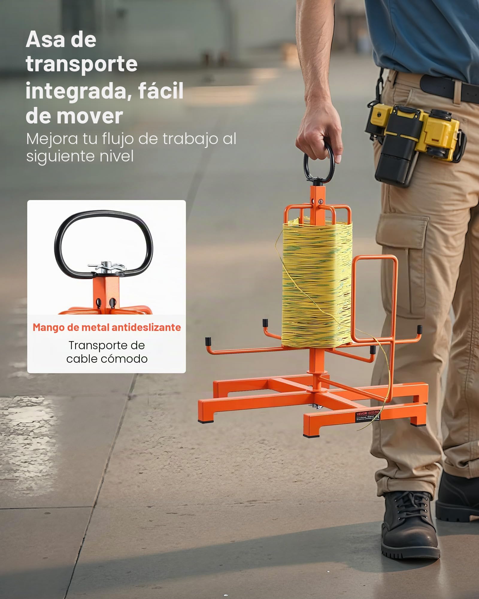 VEVOR Dispensador de Cables para Montaje en Suelo o Montante, Portacarretes de Alambre con Asa Metálica Antideslizante para Transporte de Cableado y Ojal Giratorio para Uso Eléctrico, Industrial