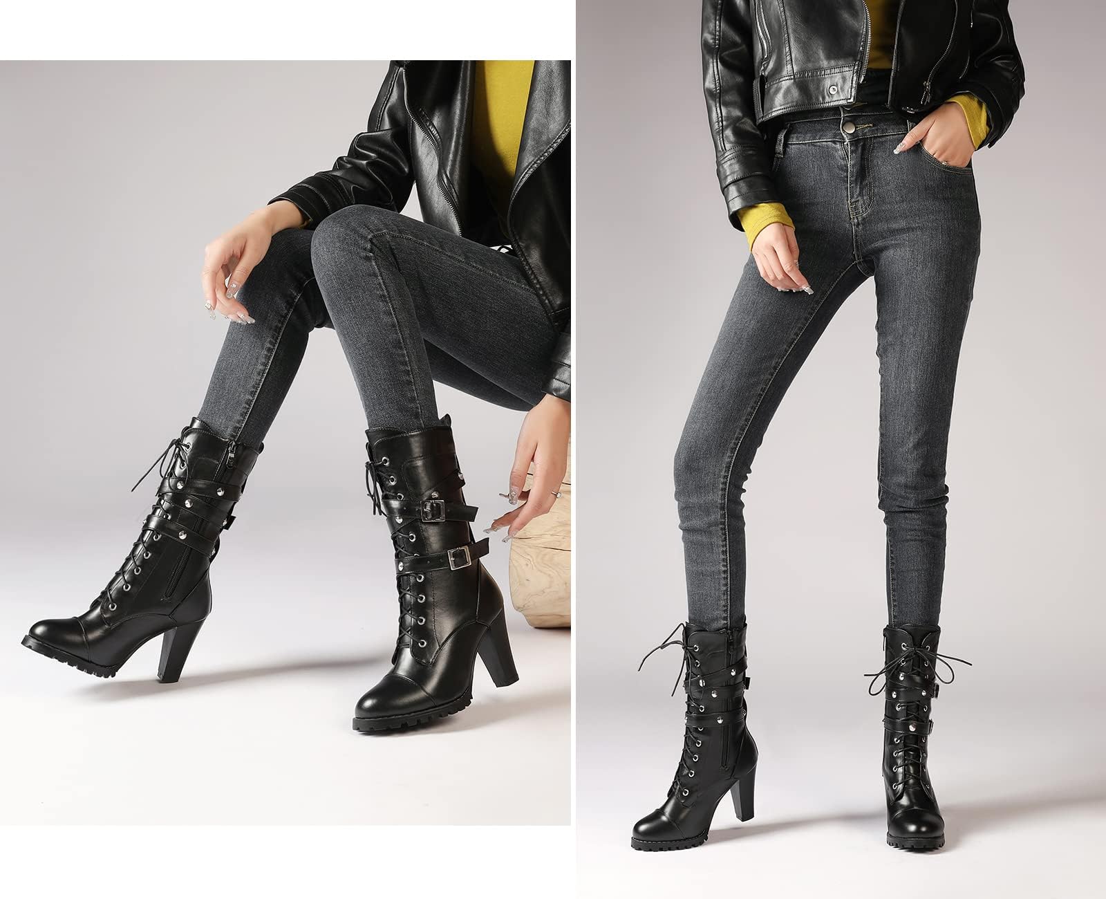Susanny High Heel Boots for Women,Womens Platform Boot Heels Sexy Round Toe Lace UP High Heels Mid Calf Boots: 11 Black-m
