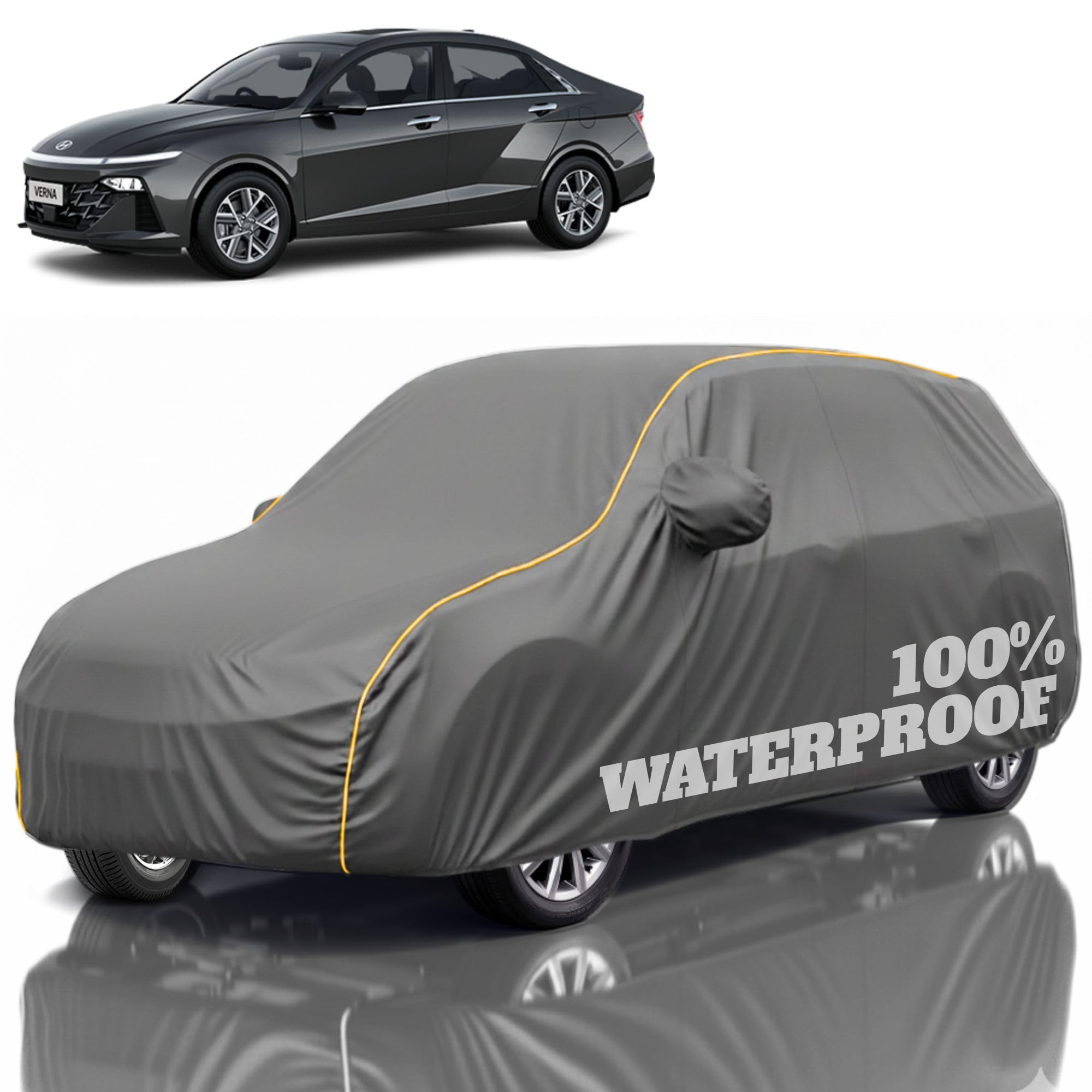 Premium Polyester Car Cover Verna All-Weather Protection from Rain, Dust &amp; Sun | UV Resistant Fabric | Full Body Secure Fit for Outdoor &amp; Indoor Parking Grey