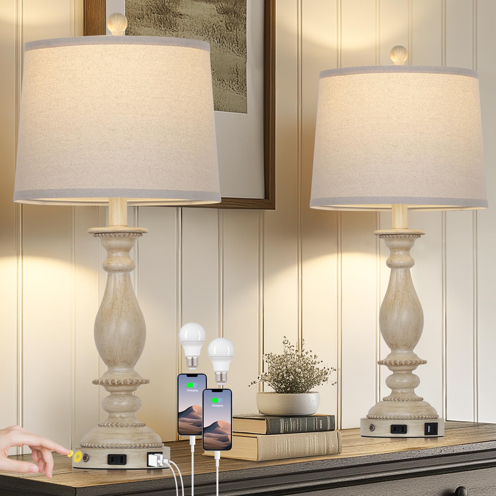 CINSARY 28" Tall Farmhouse Table Lamps for Living Room Set of 2,Vintage Rustic Beige Bedside Touch Lamp with USB C+A Ports & AC Outlet, 3-Way Dimmable