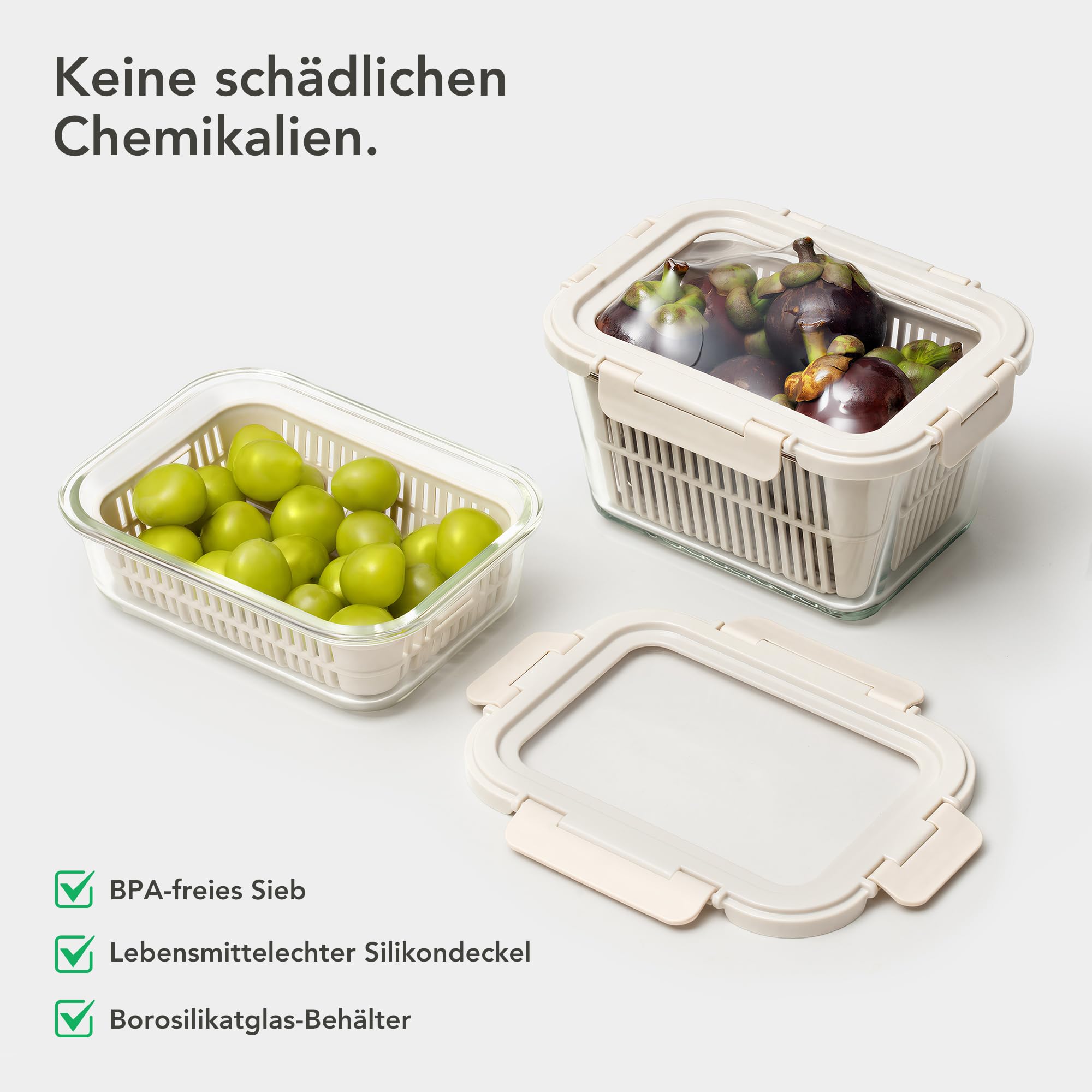 Frischhaltedosen Glas mit Abtropfsieb,Kühlschrank-Organizer Glas,luftdichte Aufbewahrungsbox für Gemüse und Obst, Obst Gemüse Aufbewahrung,1050 ml und 1800 ml,Siebeinsatz und BPA-freien Silikondeckeln