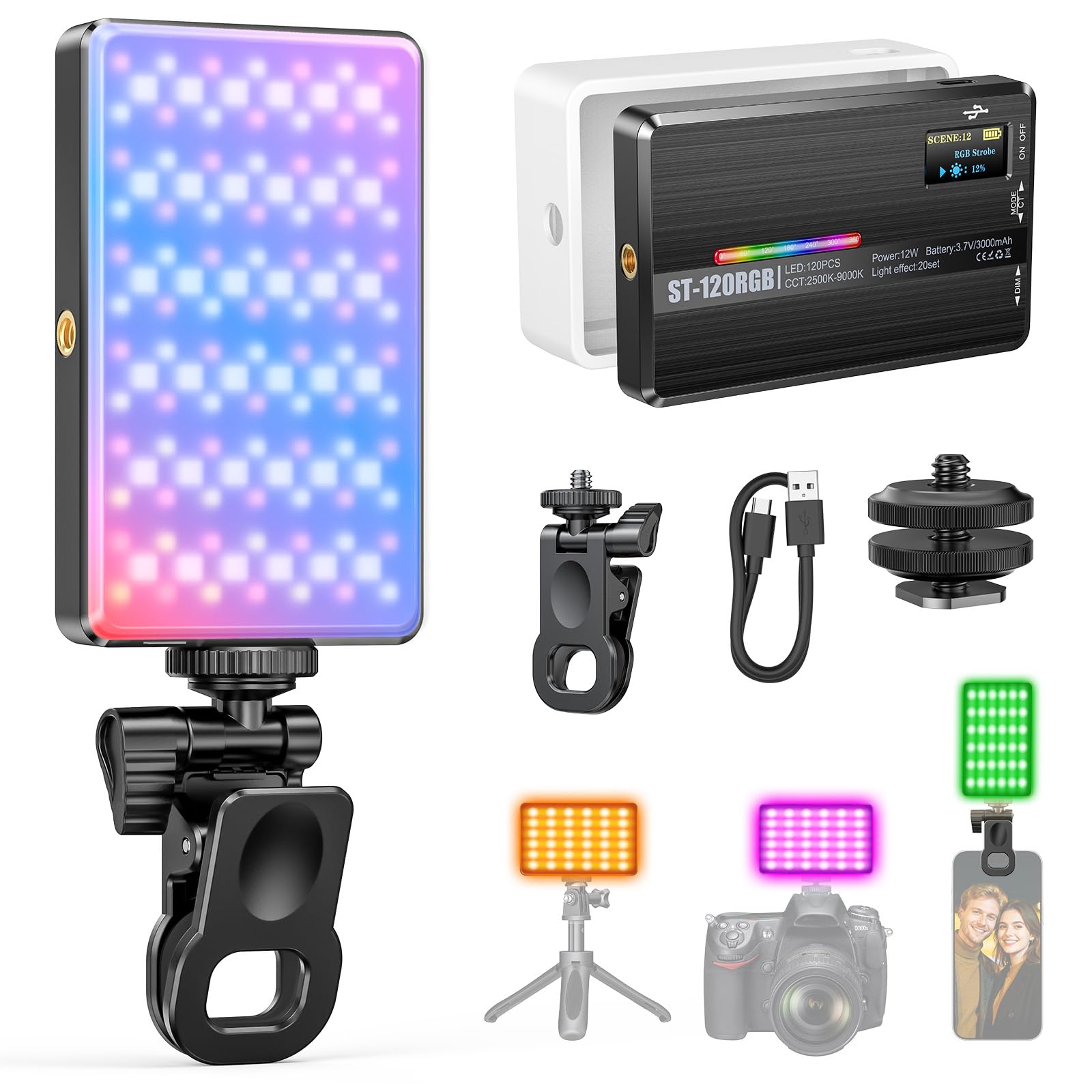 120 LED RGB luce video, luce portatile selfie con HUE 0-359°, 20 effetti luminosi, CRI 95+, luce video professionale con filtro colore e custodia in silicone, lampada fotografica per telefono/computer