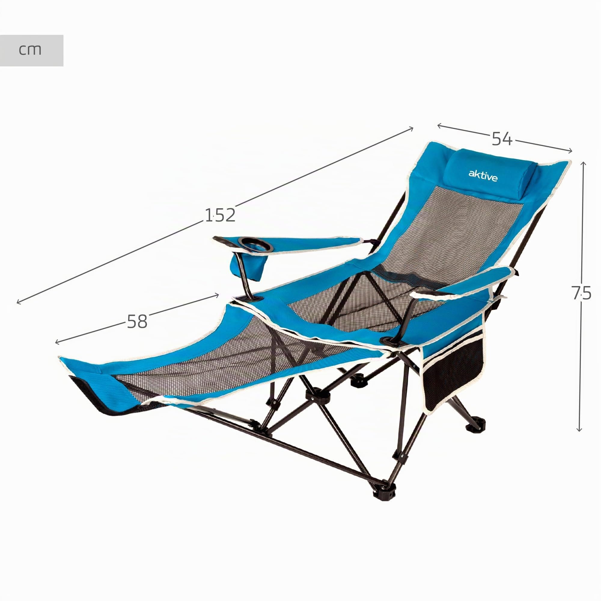 Aktive 63001 Chaise longue pliable de camping avec oreiller et dessous de verre, capacité 1 personne, charge 150 kg, chaise longue de jardin extérieur anti-basculement