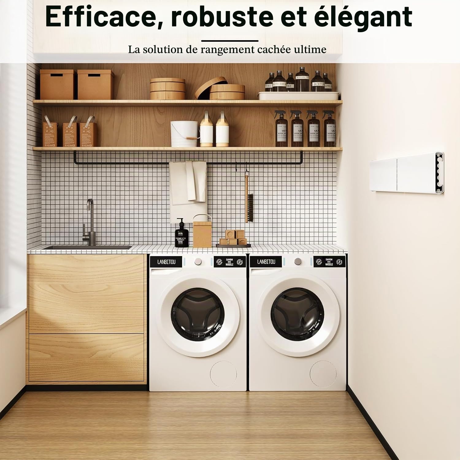 Étendoir mural – 60 cm de large, 9,9 m pieds linéaires, 4 tiges en aluminium, capacité de 18,1 kg avec gabarit mural, tournevis, foret