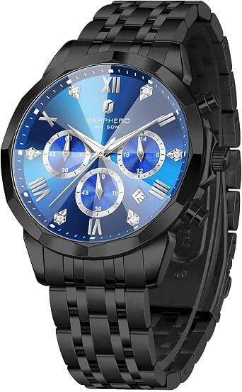 SAPPHERO Watches Men's Chronograph Analogue Quartz 50 m Waterproof Watch Men's Fashion Casual Business Men's Watches with Calendar Stainless Steel Strap Watch Gift for Men