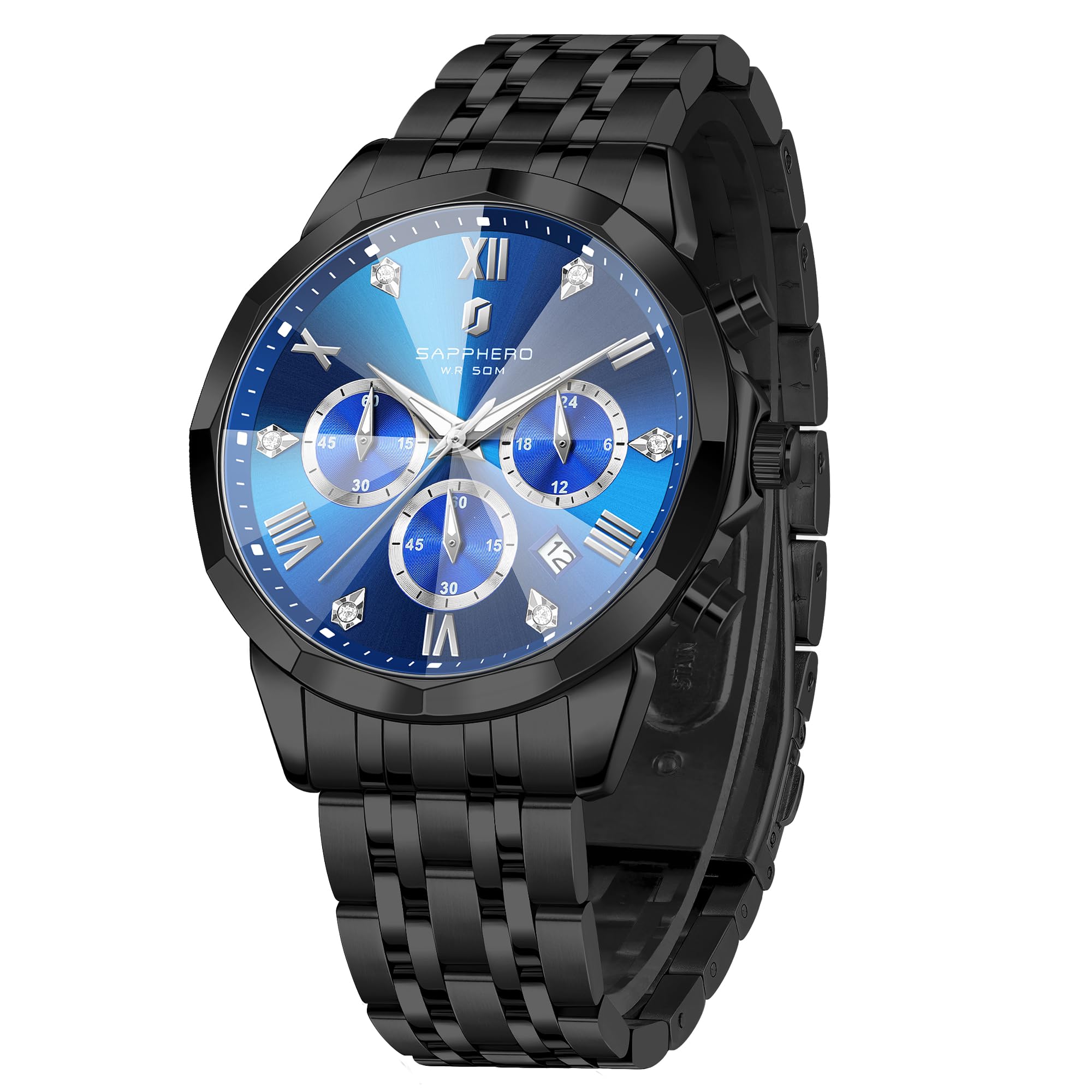 SAPPHERO Uhren Herren Chronograph Analog Quarz 50M Wasserdicht Armbanduhr Herren Mode Lässig Business Herrenuhren mit Kalender Edelstahlarmband Uhr Geschenk für Männer