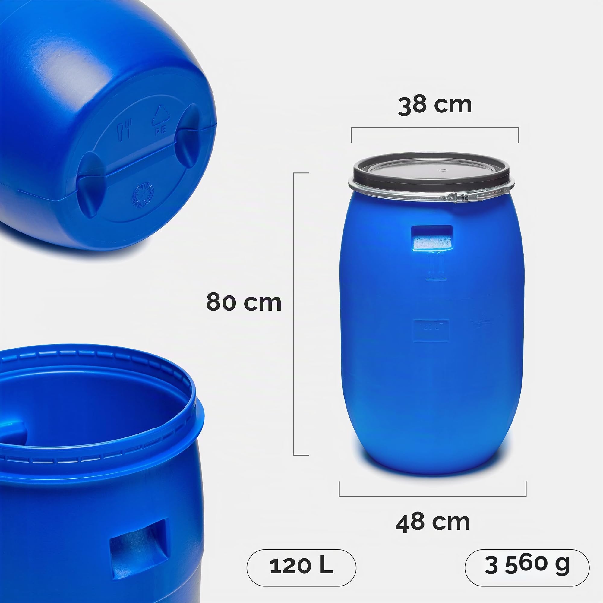Garronda Lot de 2 réservoir d'eau de 120 L, Baril Alimentaire, fût à Large Ouverture en HDPE et sans BPA, tonneau de Jardin, bac à Aliments pour Animaux, conteneur d'eau, tonneau Universel GD-0078