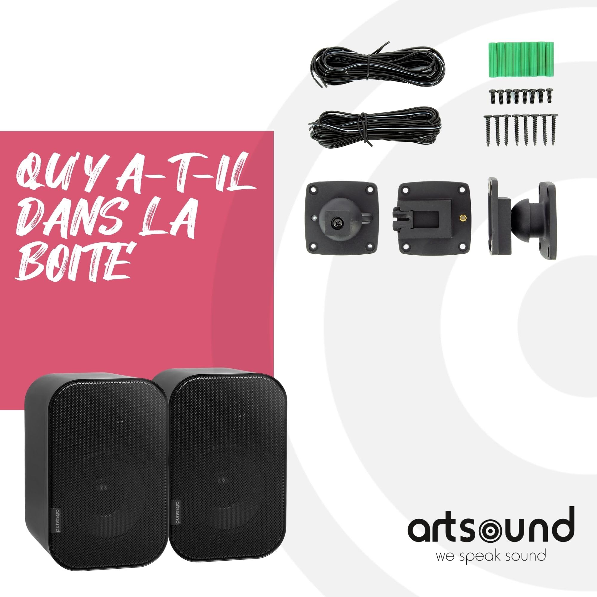 Artsound UNI40, Ensemble de 2 Enceintes passives, Enceinte HiFi 2 Voies, 20-100 Watts, Support Mural avec Articulation à rotule, Convient pour Les Grands espaces tels Que Cuisine, café, Magasin,