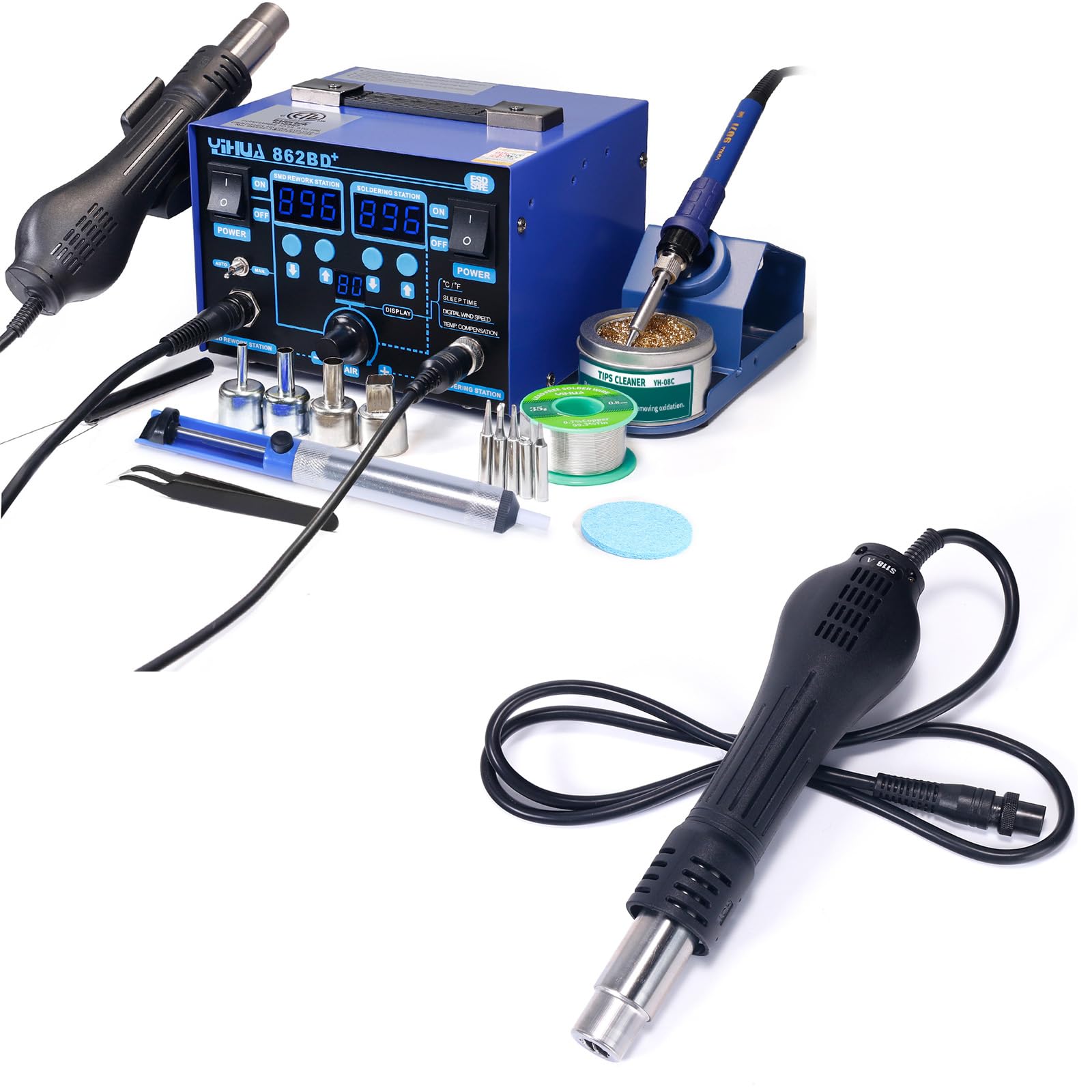 862BD+ Professional Soldering & Rework Station bundle with YIHUA S118A Replacement Hot Air Gun Handpiece/Handle (21 Items)