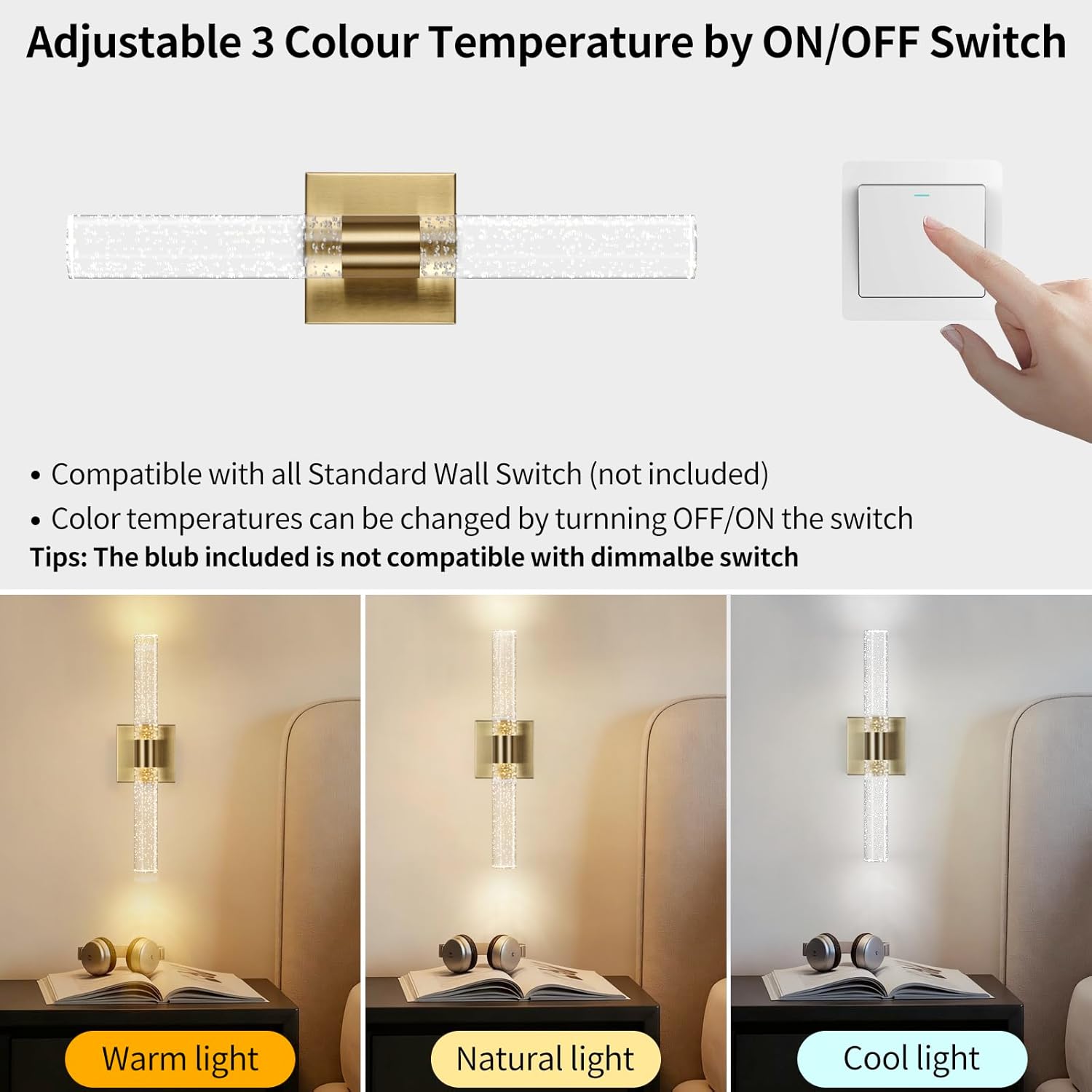 18 Inch Bathroom Sconces Set of 2, 3 Color Temperature Bubble Crystal Led Wall Sconce Indoor Wall Mount Vanity Light Bar Brass Hardwired Wall Sconce for Bedroom Living Room, 12W