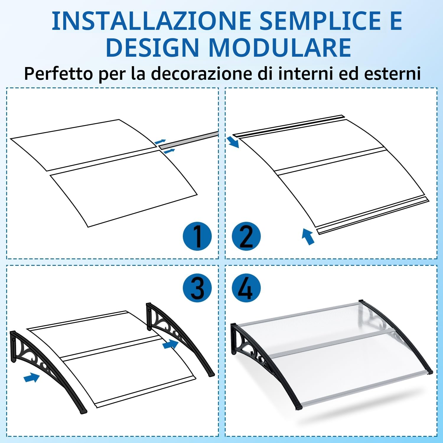 Sonnewelt Pensilina per Porta d'Ingresso 100x150 cm, Tetto in Policarbonato Alveolare 5 mm Trasparente con Struttura ABS, Tettoia ad Arco, Protezione Esterna dalla Pioggia e dal Sole